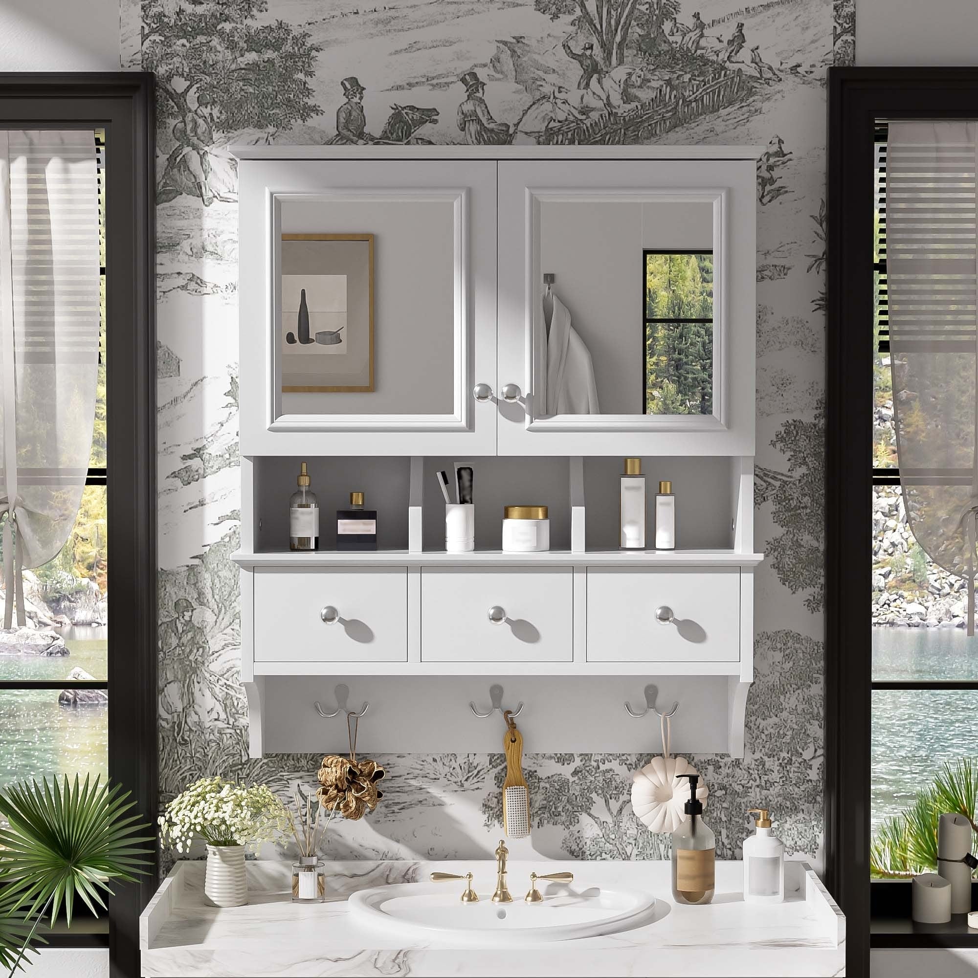 Arden Modern Wall Mounted 4 In 1 Mirror Cabinet With Drawers Organizer Hooks And Concealed Storage By Gdfstudio