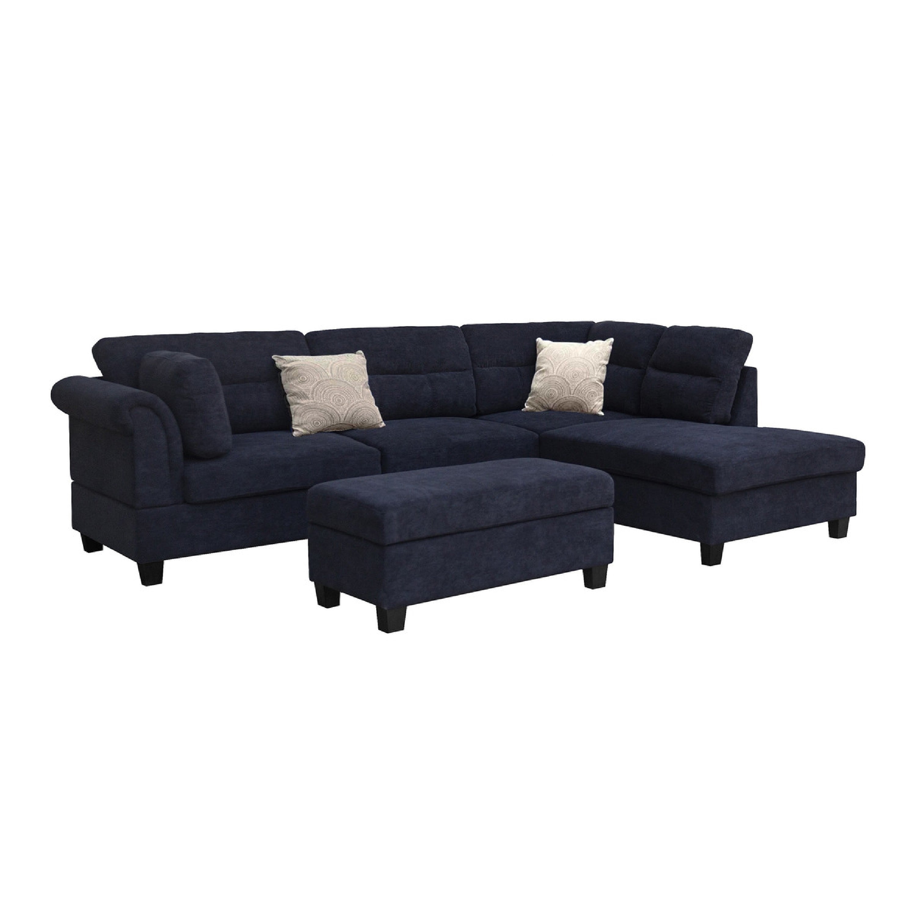 Ari 100 Inch Sectional Sofa Set W Storage Ottoman Black Tufted 2 Pillows