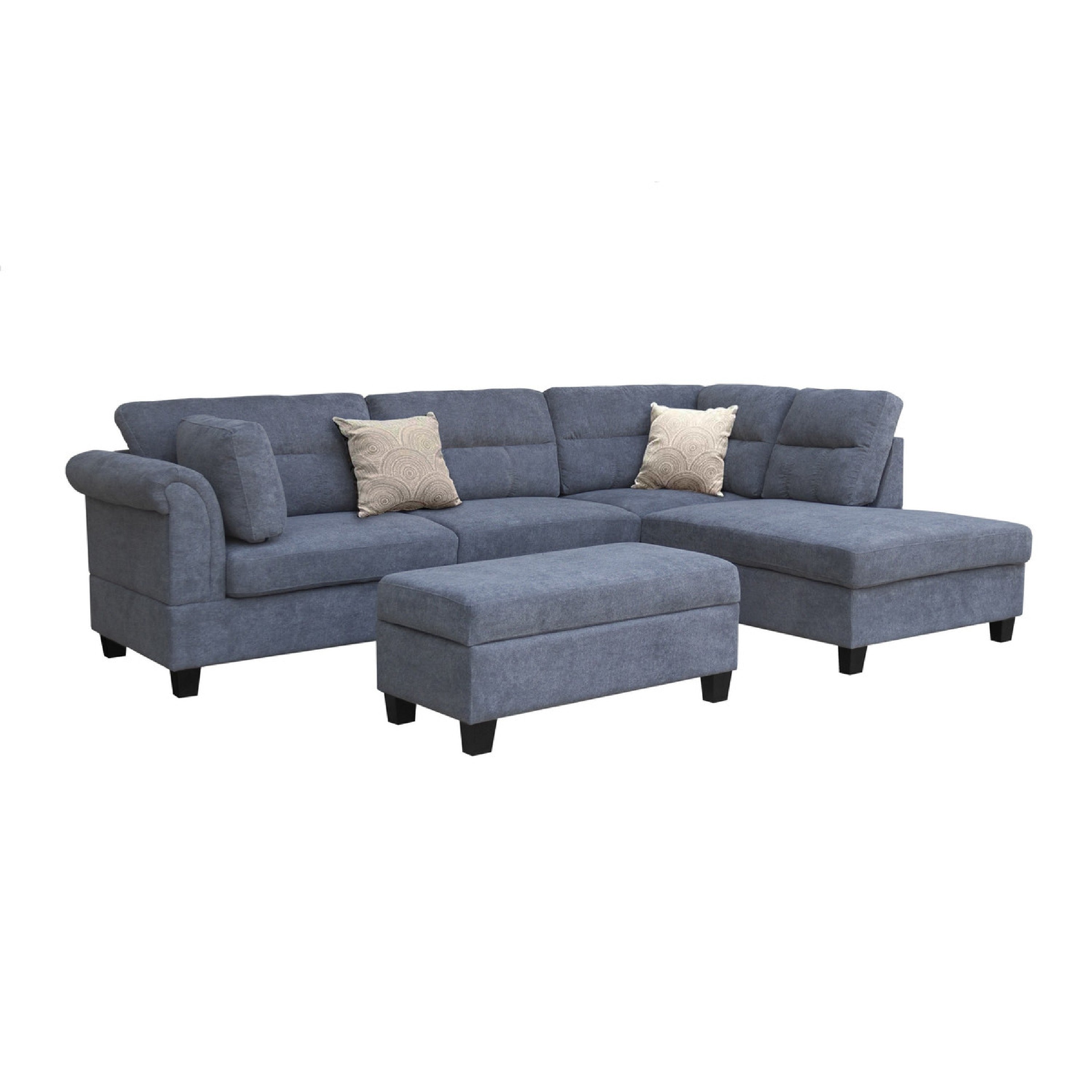 Ari 100 Inch Sectional Sofa Set W Storage Ottoman Tufted Back 2 Pillows Gray