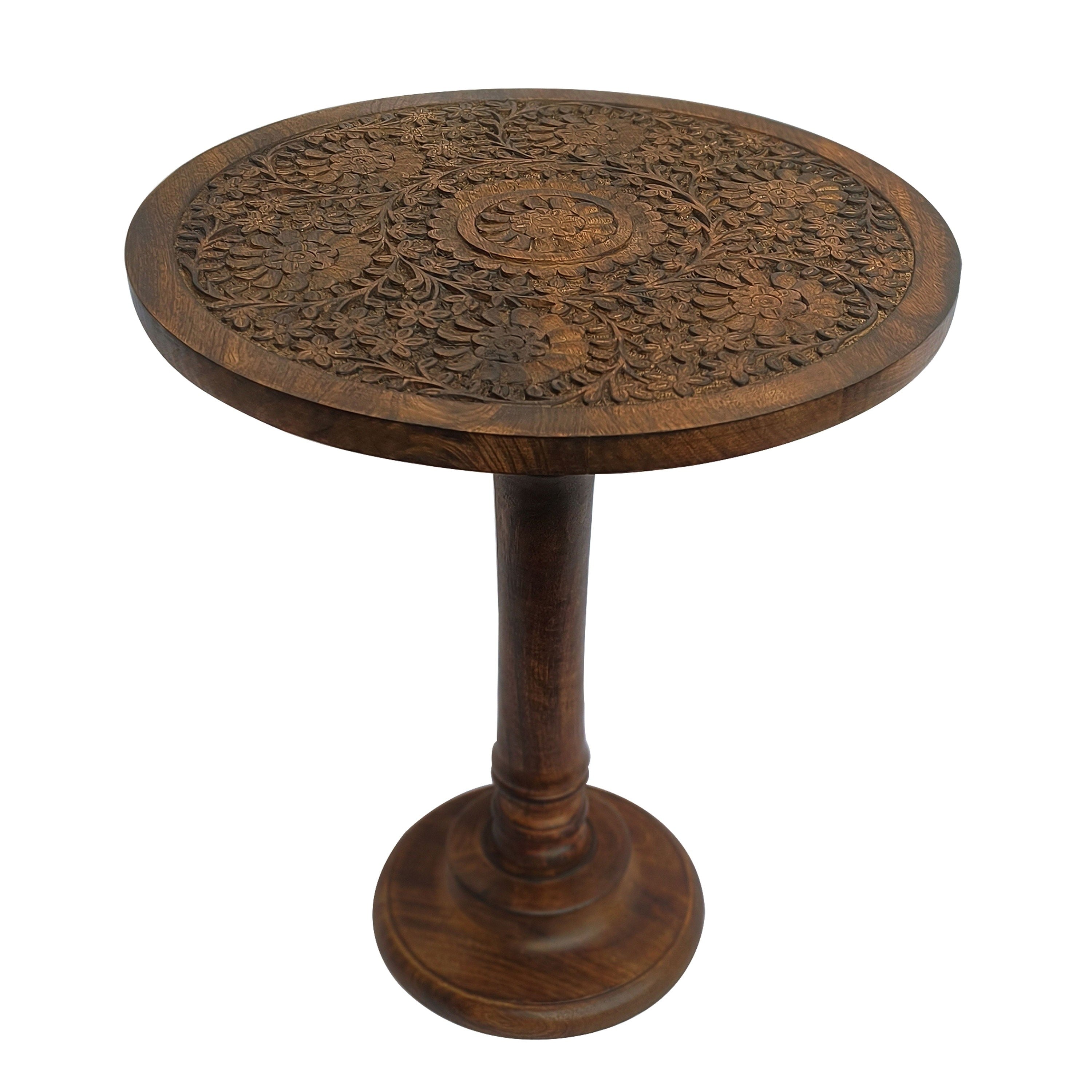 Ari 22 Inch Side End Table Round Top Hand Carved Indian Mandala Boho Accent Brown Mango Wood