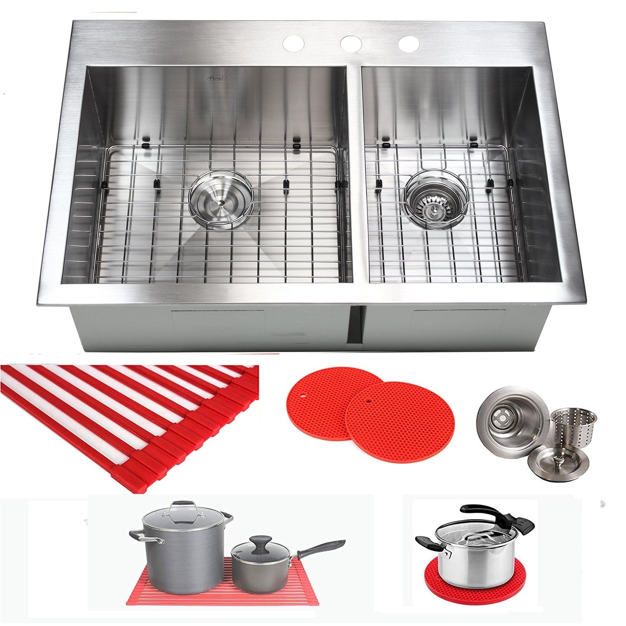 Ariel 16 Gauge Stainless Steel 33 Inch 60 40 Double Bowl Kitchen Sink Combo
