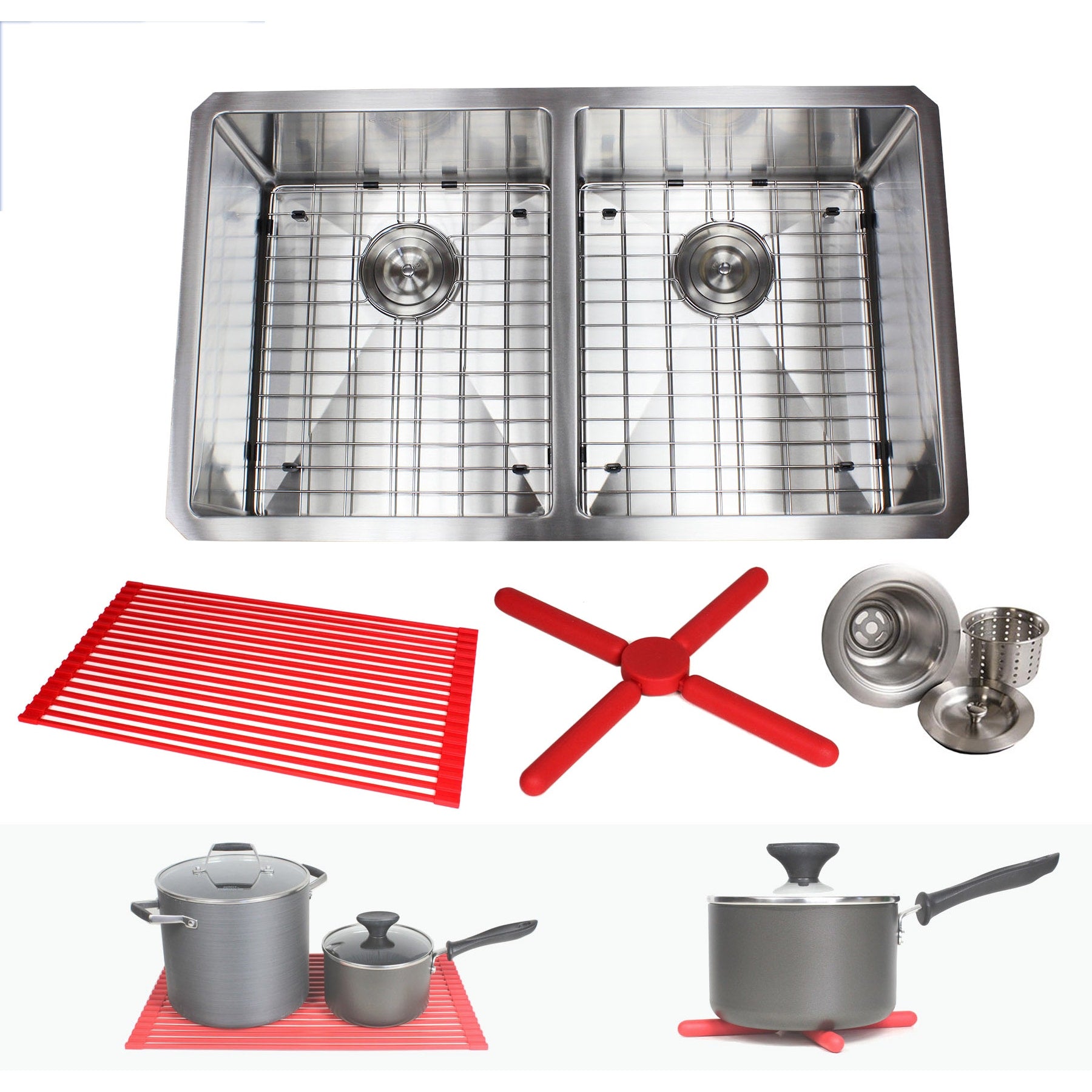 Ariel 32 Inch Stainless Steel Double Bowl 15Mm Radius Undermount Kitchen Sink With Accessories