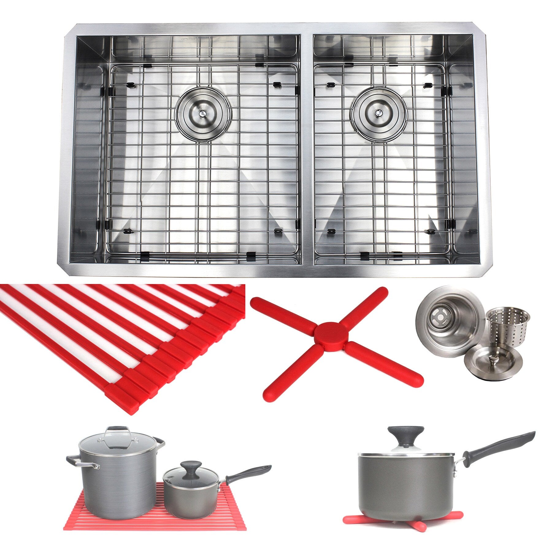 Ariel 32 Inch Stainless Steel Double Bowl 60 40 Zero Radius 16 Gauge Undermount Kitchen Sink Complete Combo Accessories