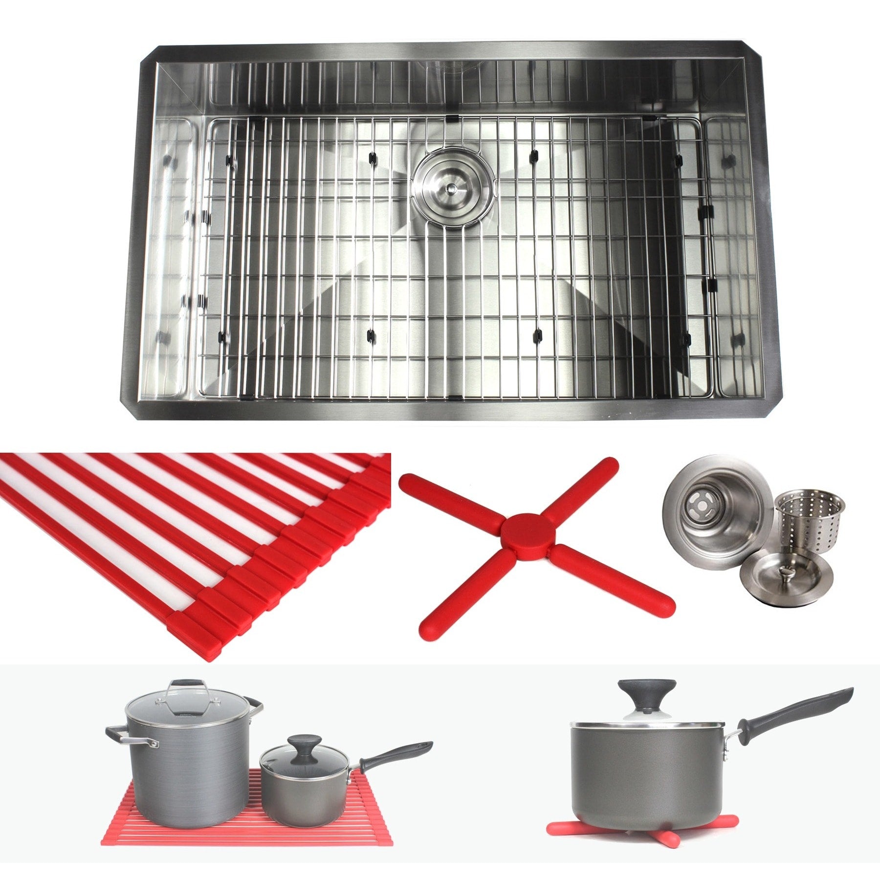Ariel 32 Inch Stainless Steel Zero Radius Single Bowl Kitchen Sink Complete Combo Accessories