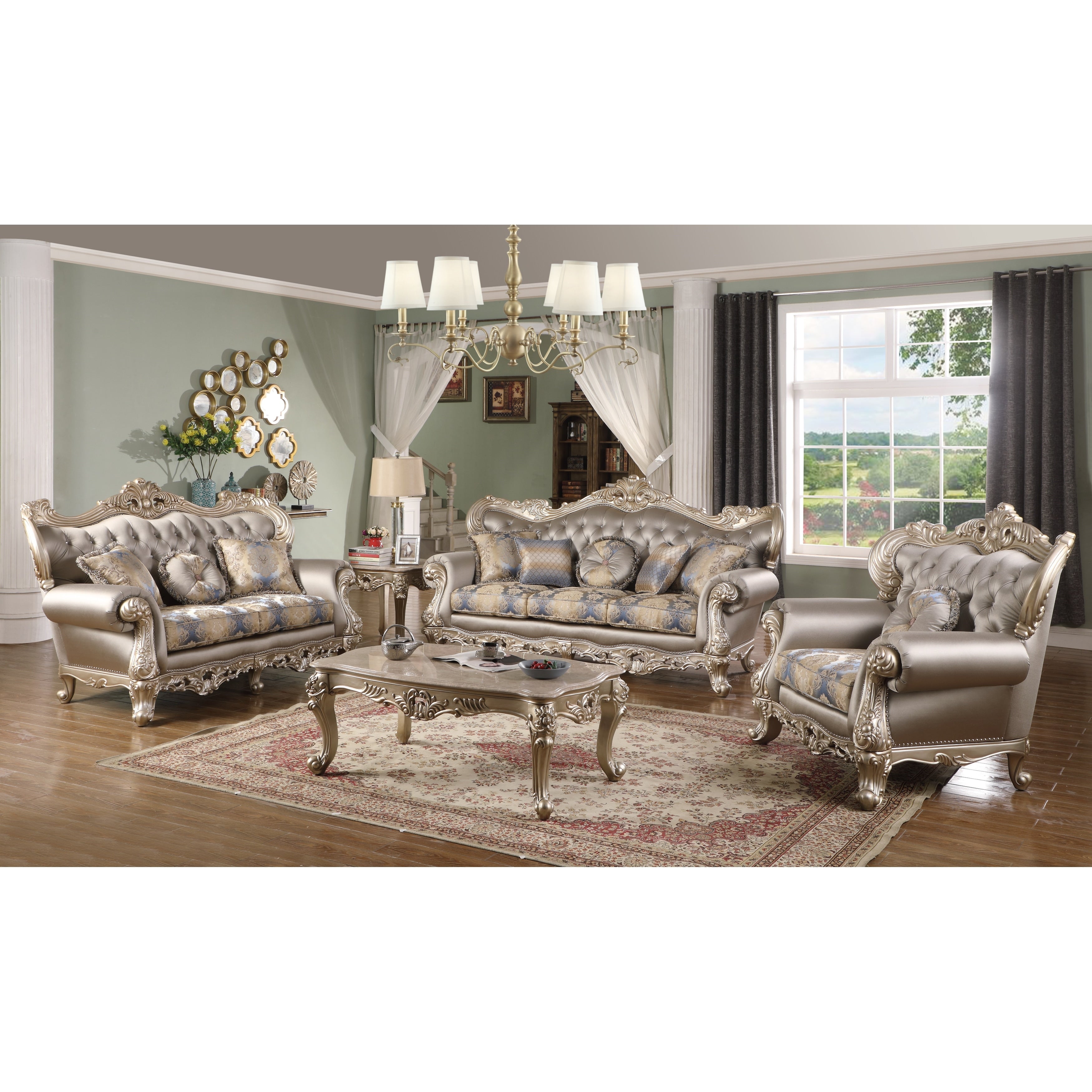 Ariel Champagne And Blue Living Room Set