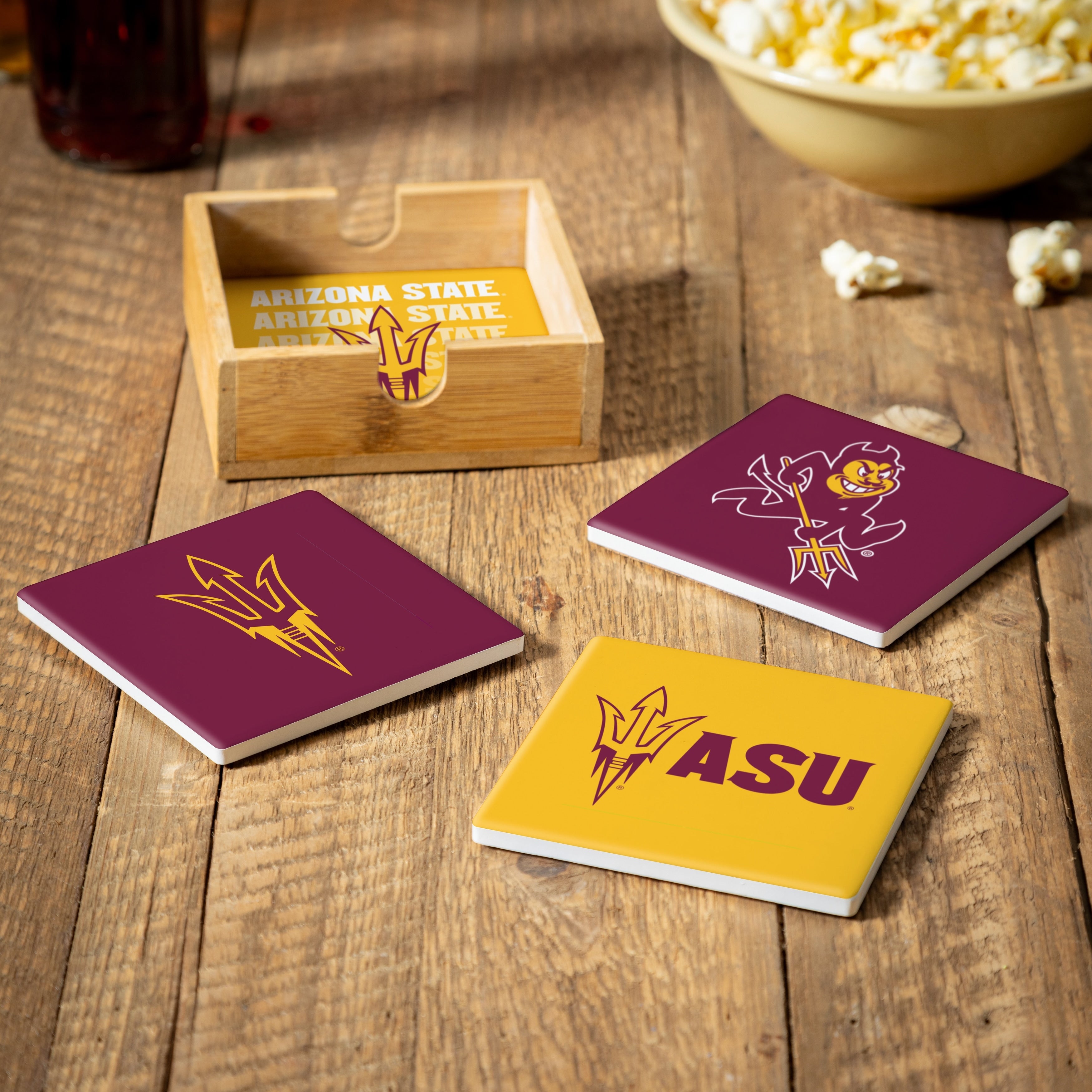 Arizona State University 4 Piece Ceramic Coasters Set With Wood Caddy