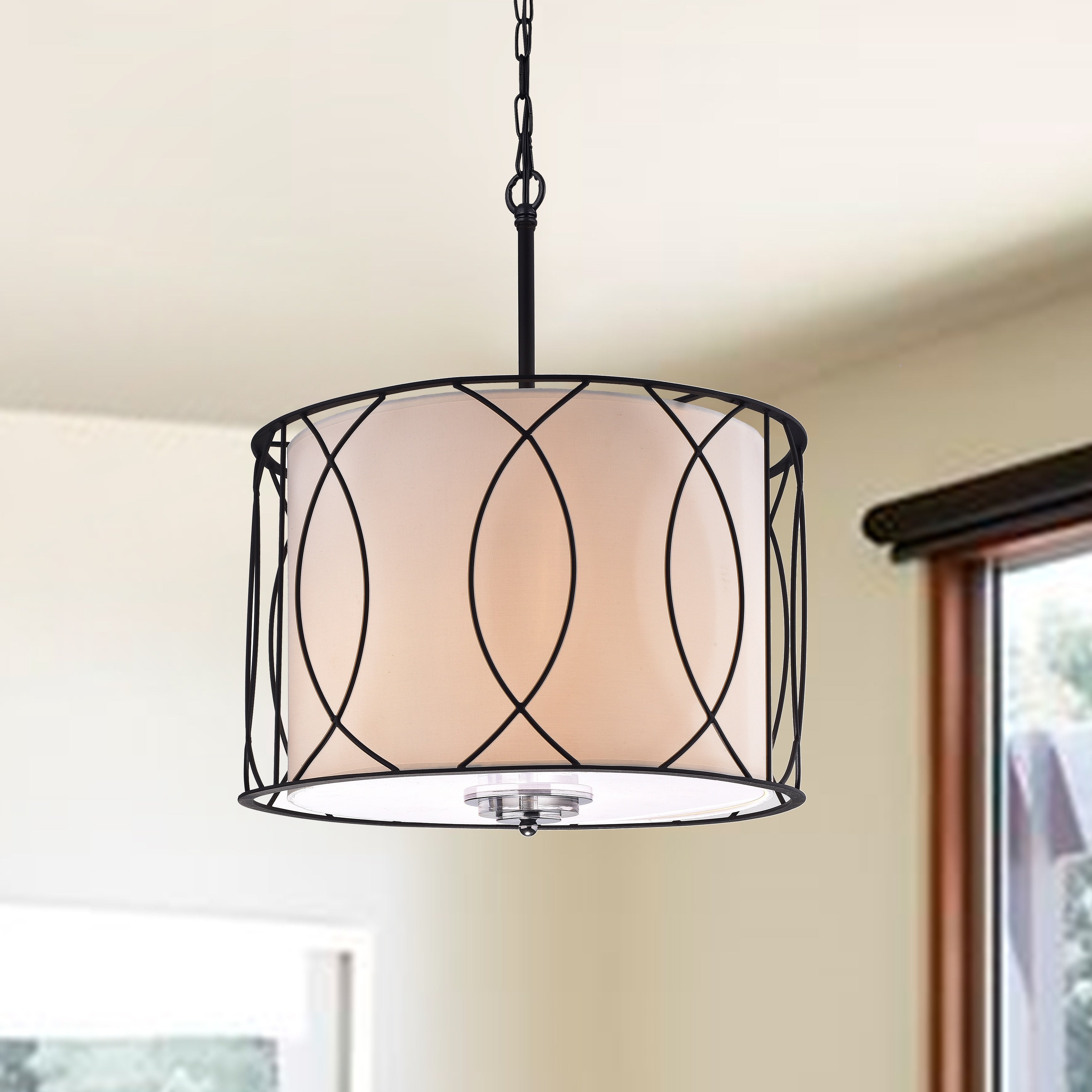 Arke Black Metal And Fabric 3 Light Drum Pendant
