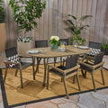 Arletta Outdoor 6 Seater Oval Acacia Wood Mesh Seats Dining Set By Christopher Knight Home