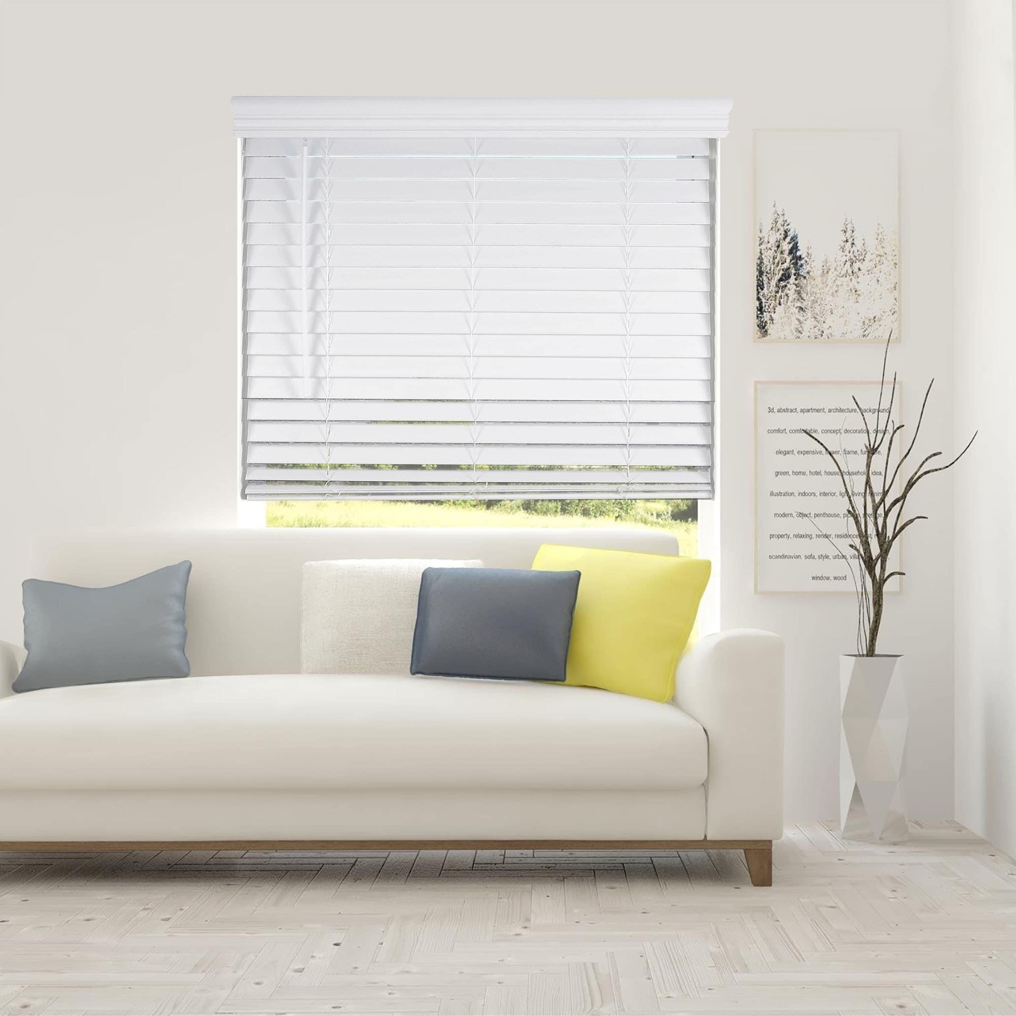 Porch Den Durant White Faux Wood Cordless Lift Blinds With Royal Valance