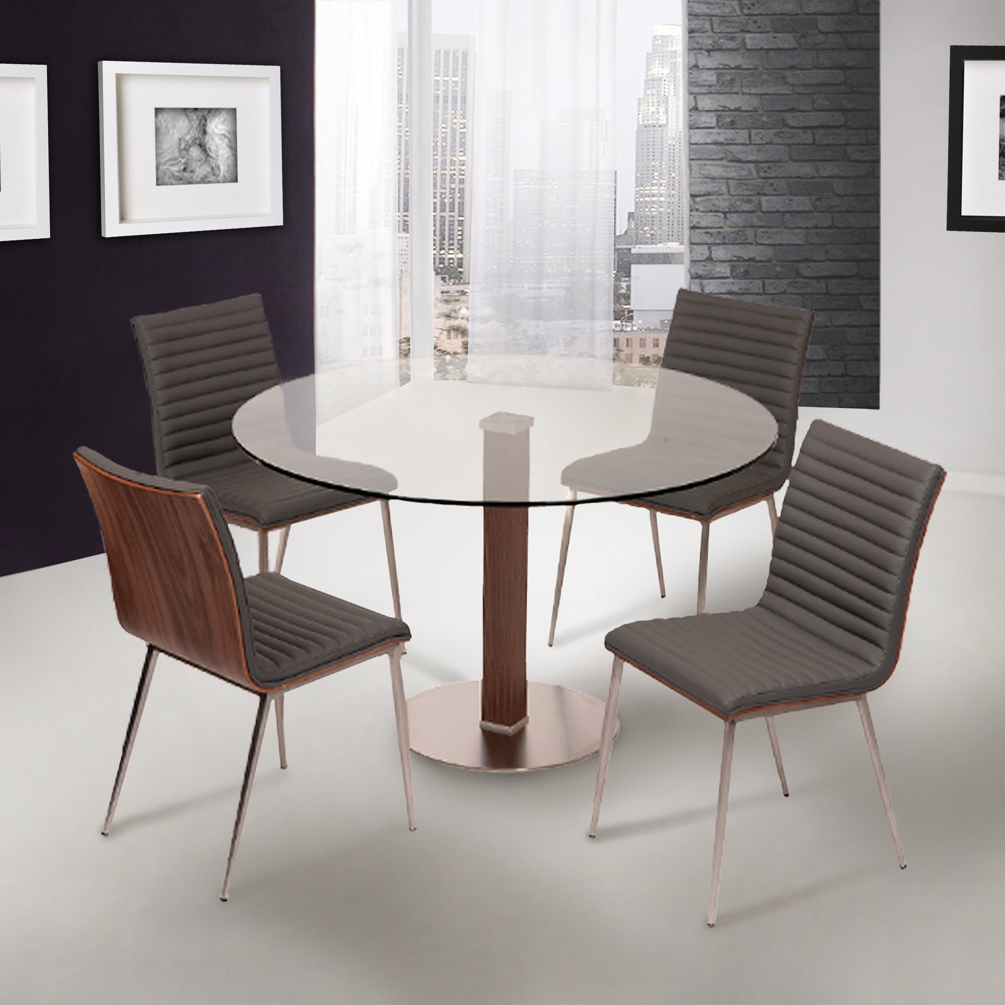 Armen Living Caf Brushed Stainless Steel Dining Chair With White Pu Seat And Walnut Back Set Of 2