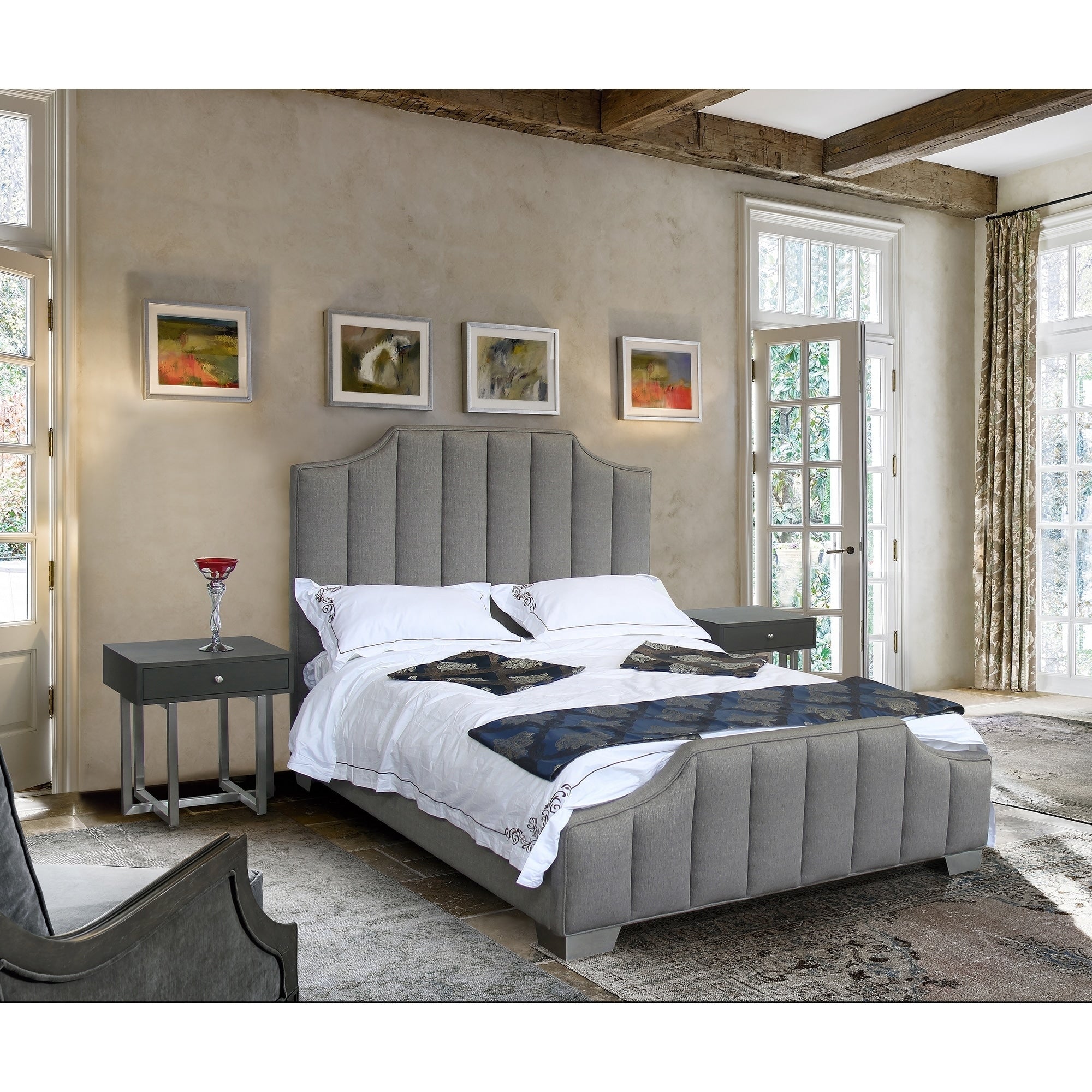 Armen Living Camelot Contemporary Grey Fabric Polished Stainless Steel Queen Bed