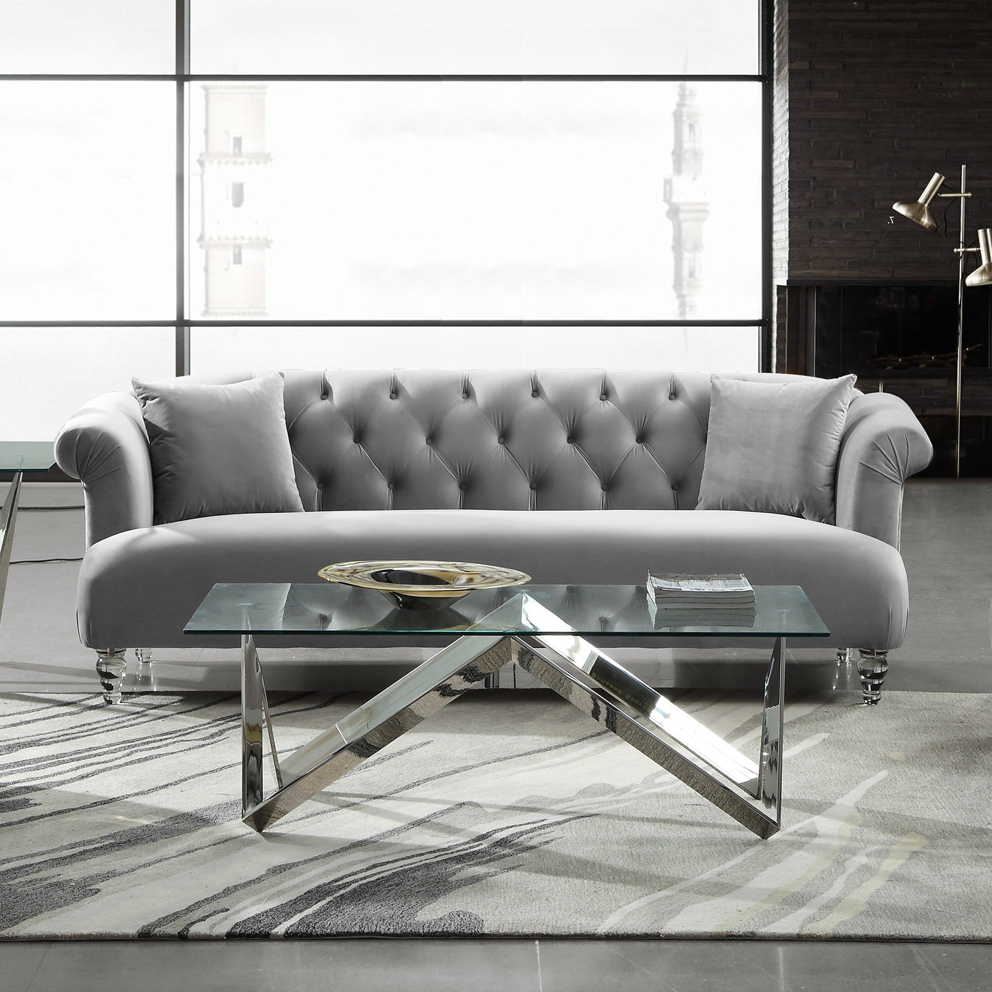 Armen Living Elegance Sofa In Grey Velvet With Acrylic Legs