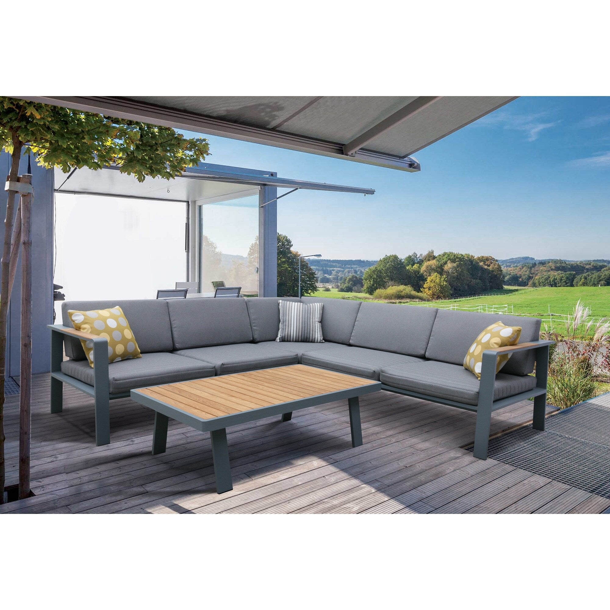Armen Living Nofi Outdoor Patio Sectional Set In Charcoal Finish With Gray Cushions And Teak Wood