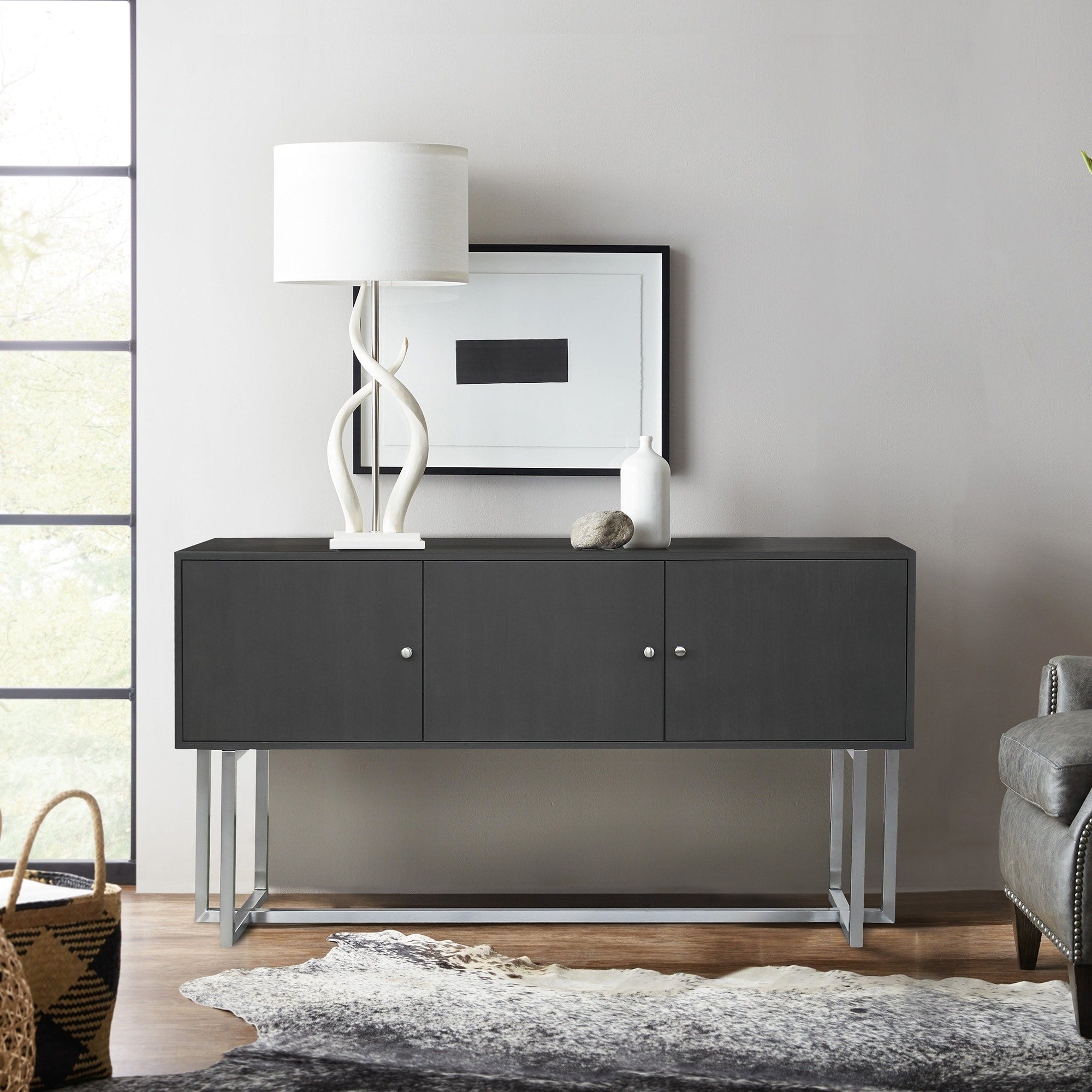 Armen Living Prague Contemporary Buffet In Brushed Stainless Steel Finish And Gray Wood