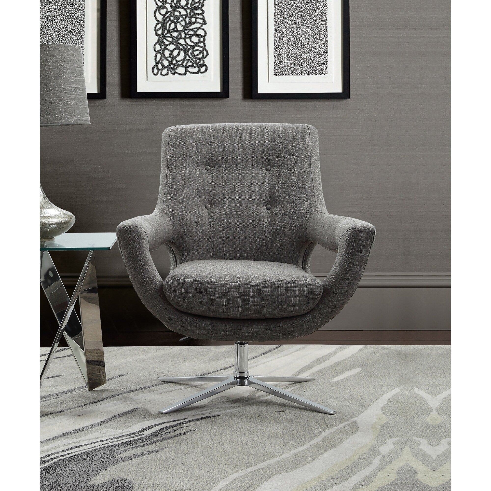 Armen Living Quinn Adjustable Swivel Accent Chair In Chrome And Grey