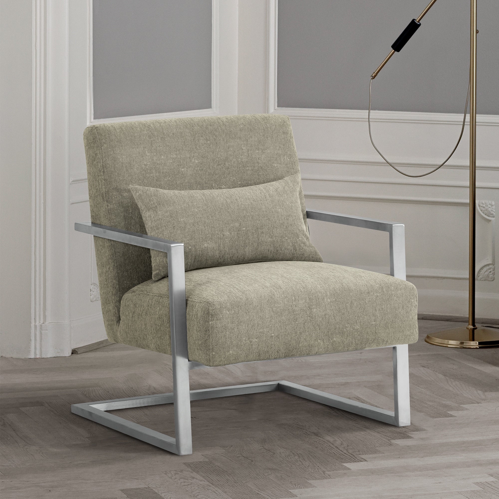 Armen Living Skyline Modern Accent Chair In Grey Linen And Steel