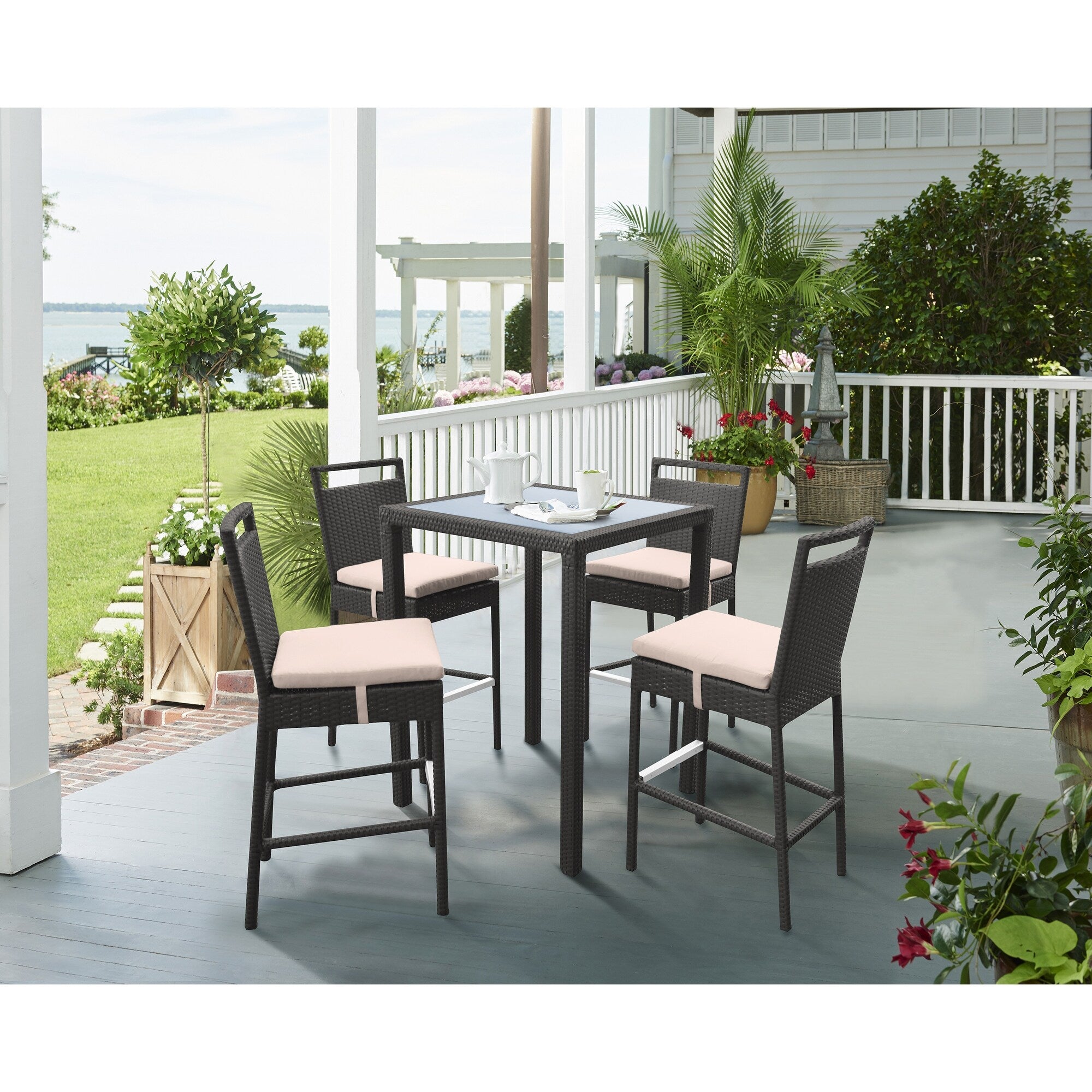 Armen Living Tropez Outdoor Patio Wicker Barstool With Water Resistant Beige Fabric Cushions
