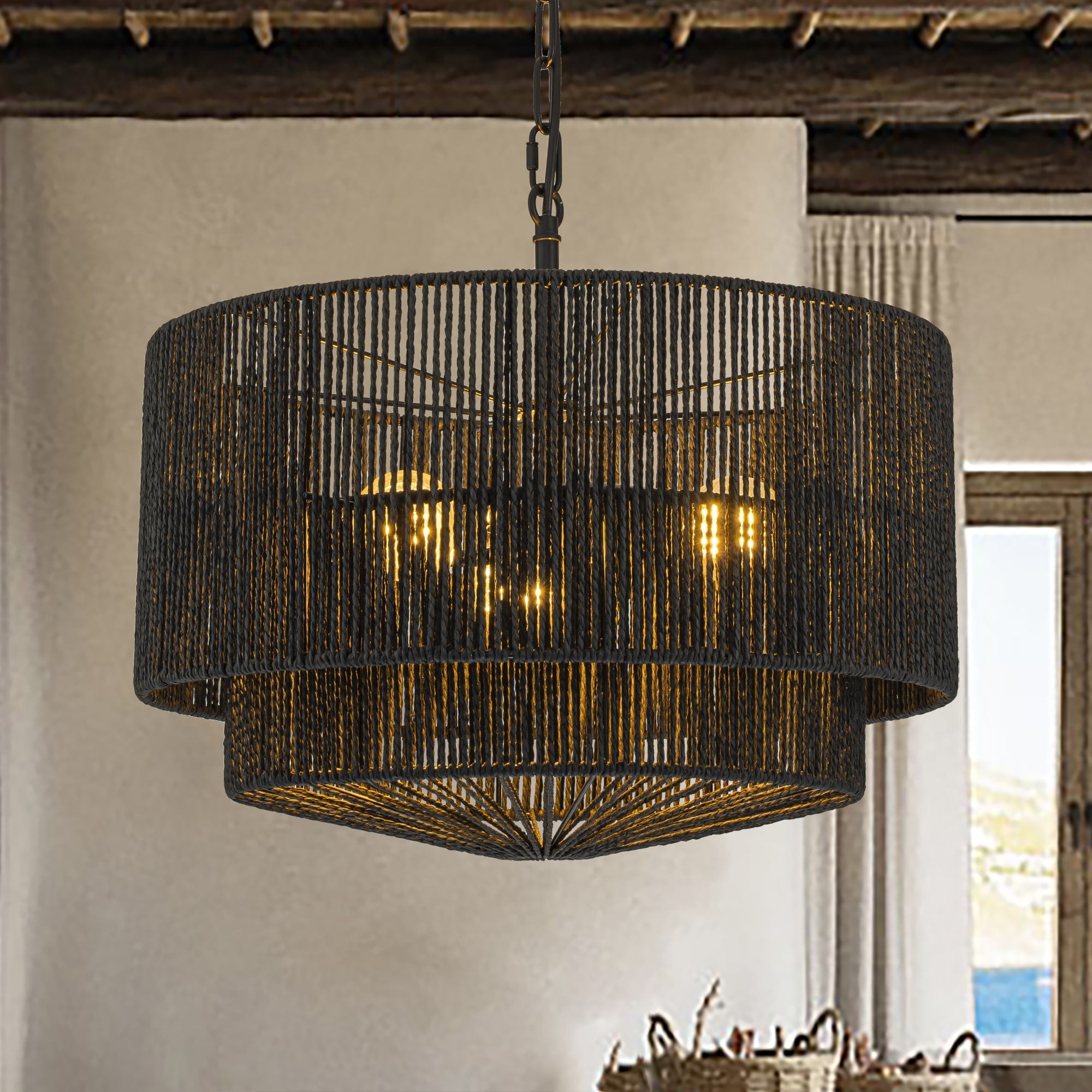 Armida 3 Light Rattan Rope Tiered Drum Pendant Coastal Boho Handwoven