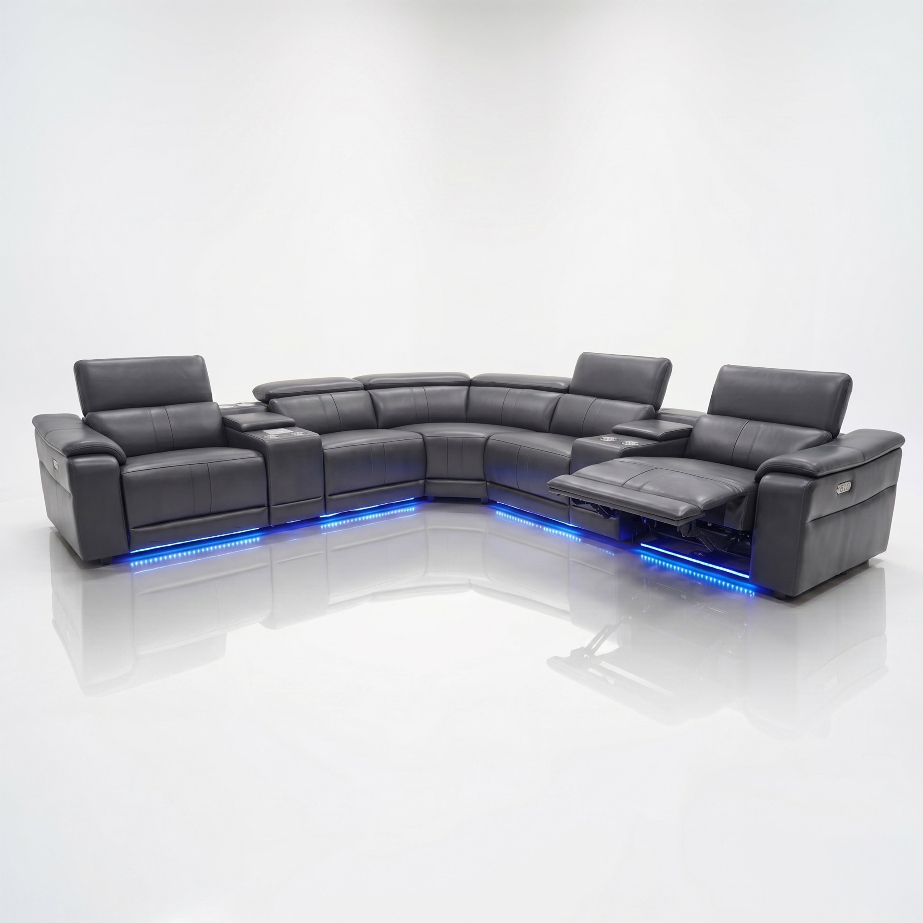 Arron Modern Leather Power Reclining Sectional Sofa With Media Console