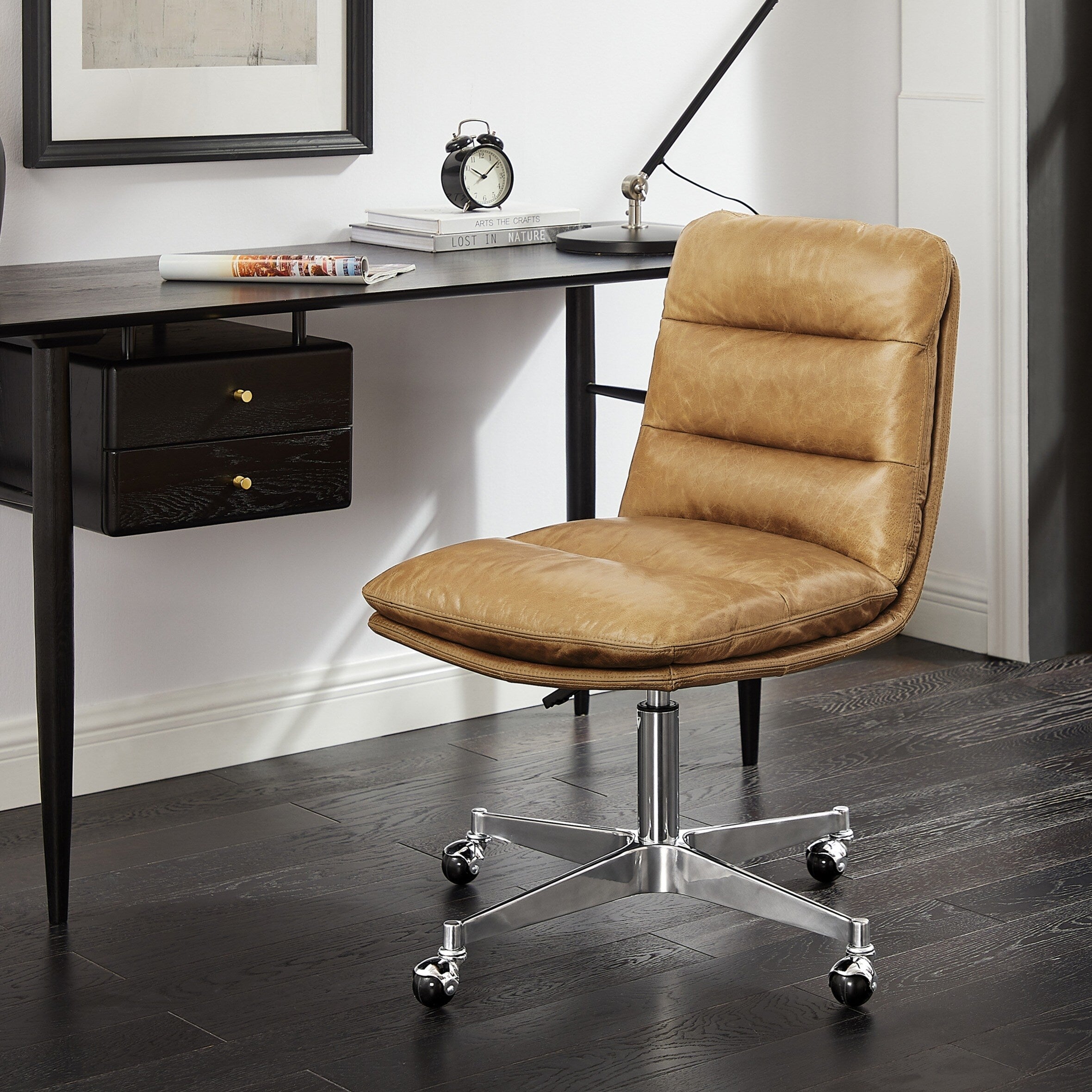 Art Leon Mid Century Modern Genuine Leather Home Office Desk Chair With Metal Legs