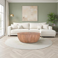 Drum Shape Wooden Coffee Table With Plank Design Base Distressed Brown