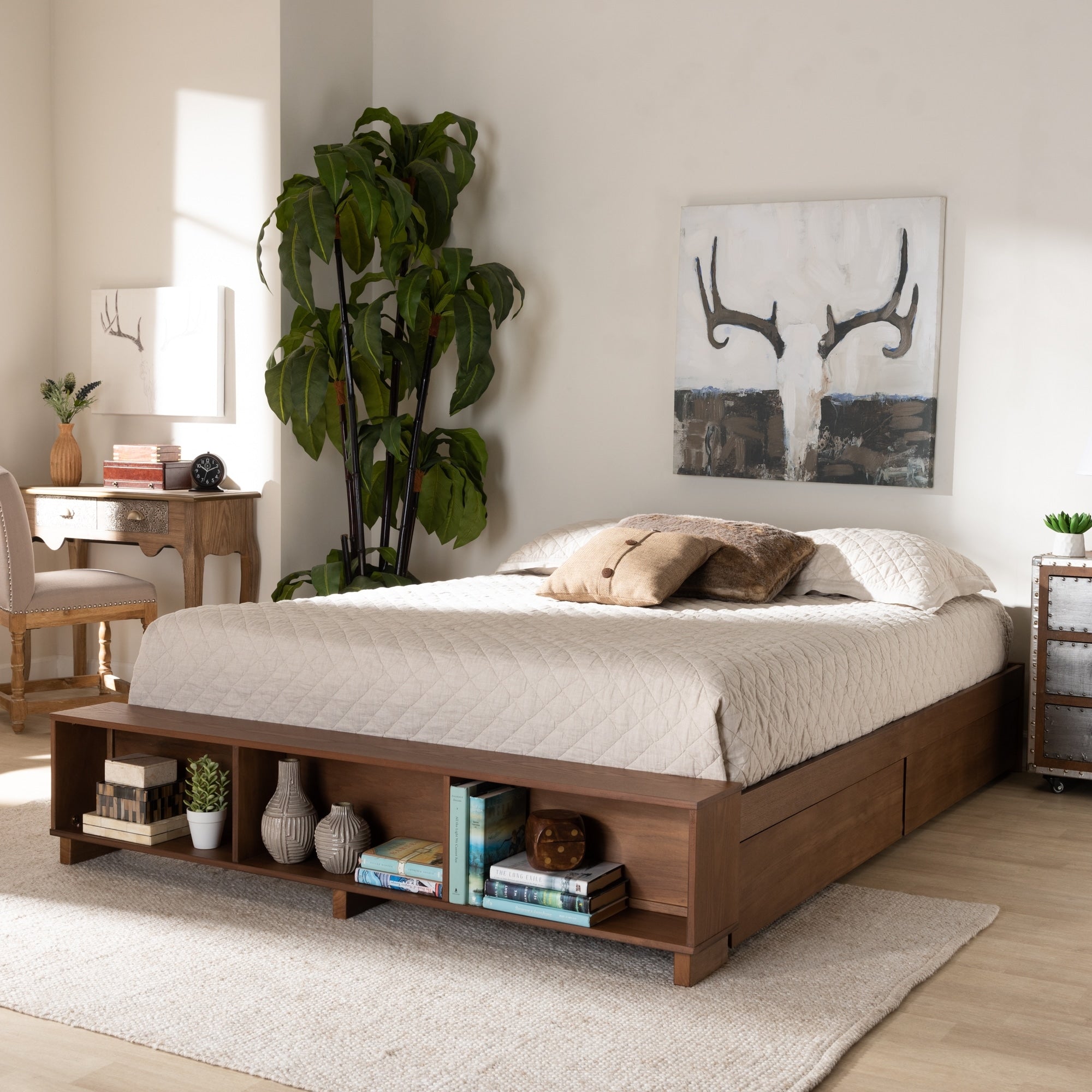 Carbon Loft Dehaney Modern Rustic Ash Walnut Brown Wood Platform Bed With Shelves