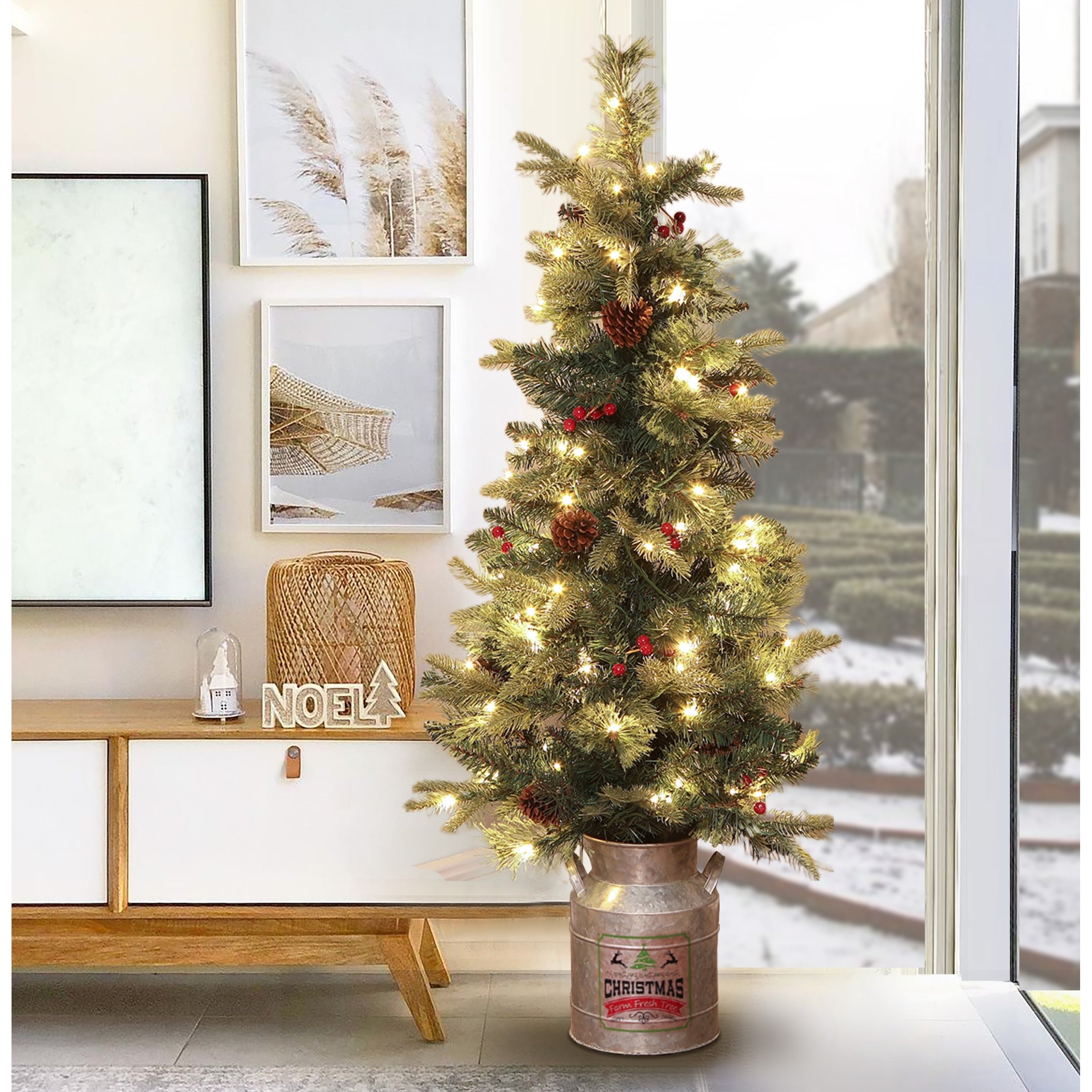 Pre Lit Clear Led 4Ft Porch Artificial Christmas Tree With Metal Pot