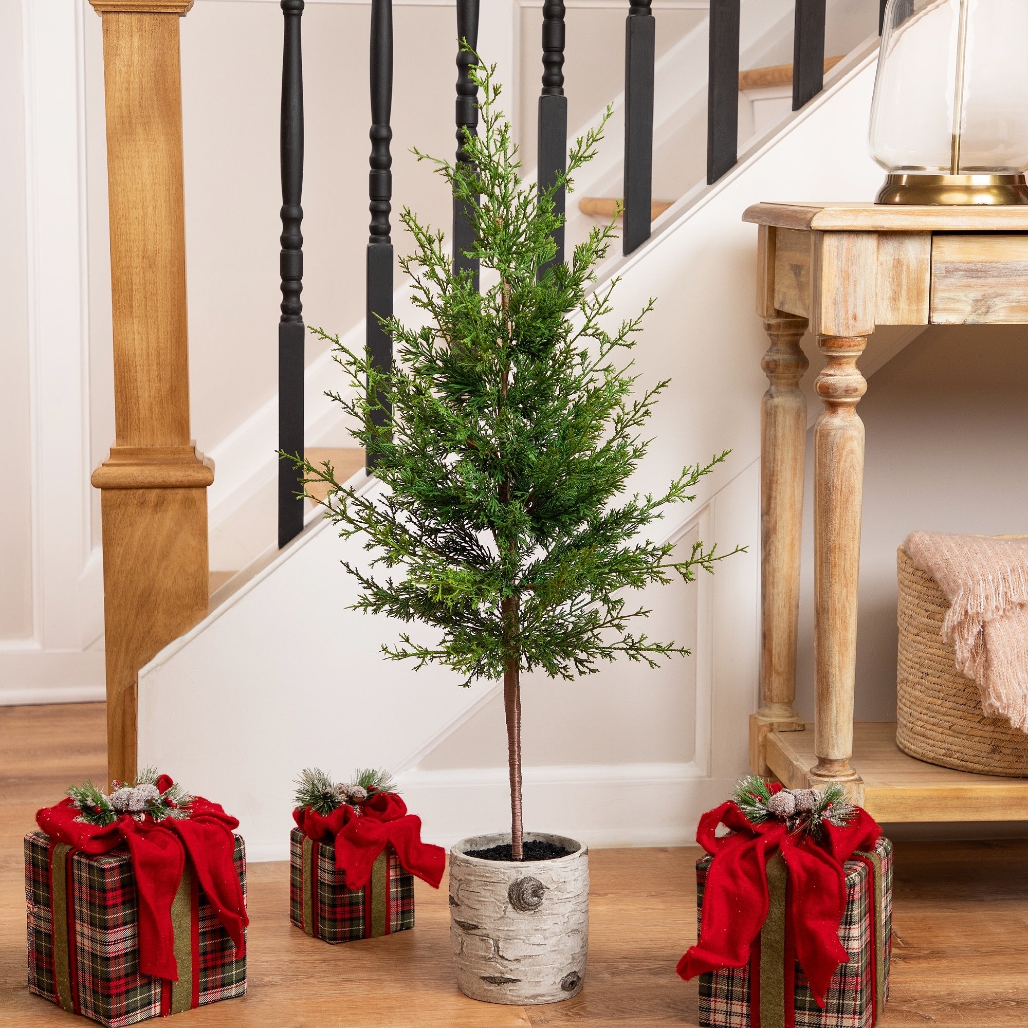 Artificial Cedar Christmas Tree In Birch Pot 38 Unlit