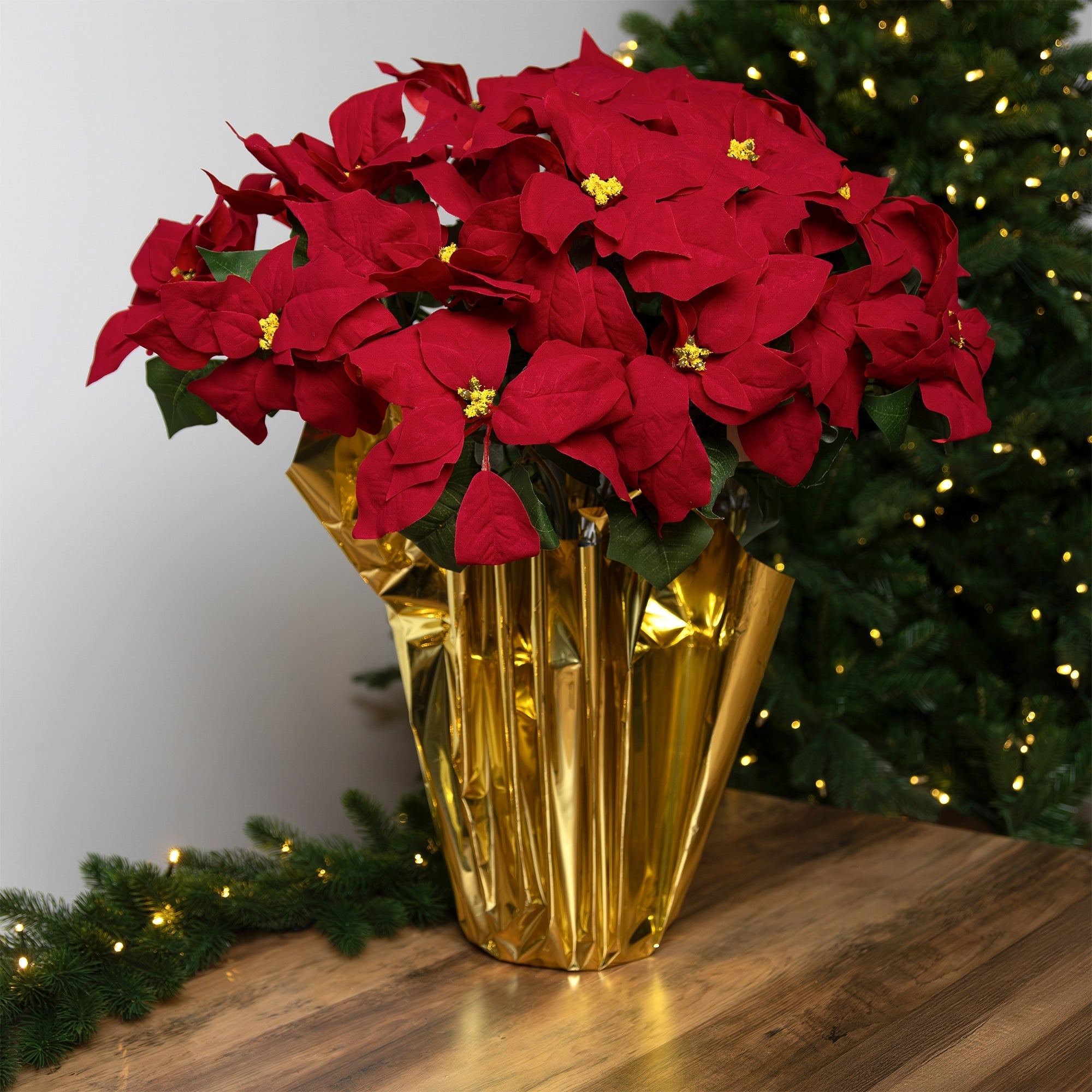 27.25 Red Artificial Christmas Poinsettia With Gold Wrapped Pot