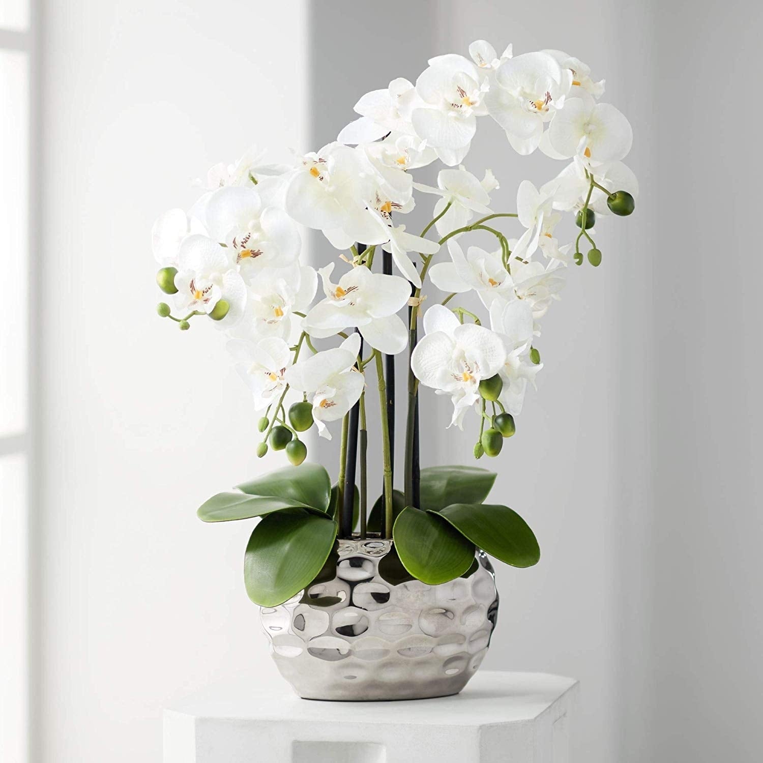 Artificial Orchid Phalaenopsis Plant Including Metallic Silver Vase 24