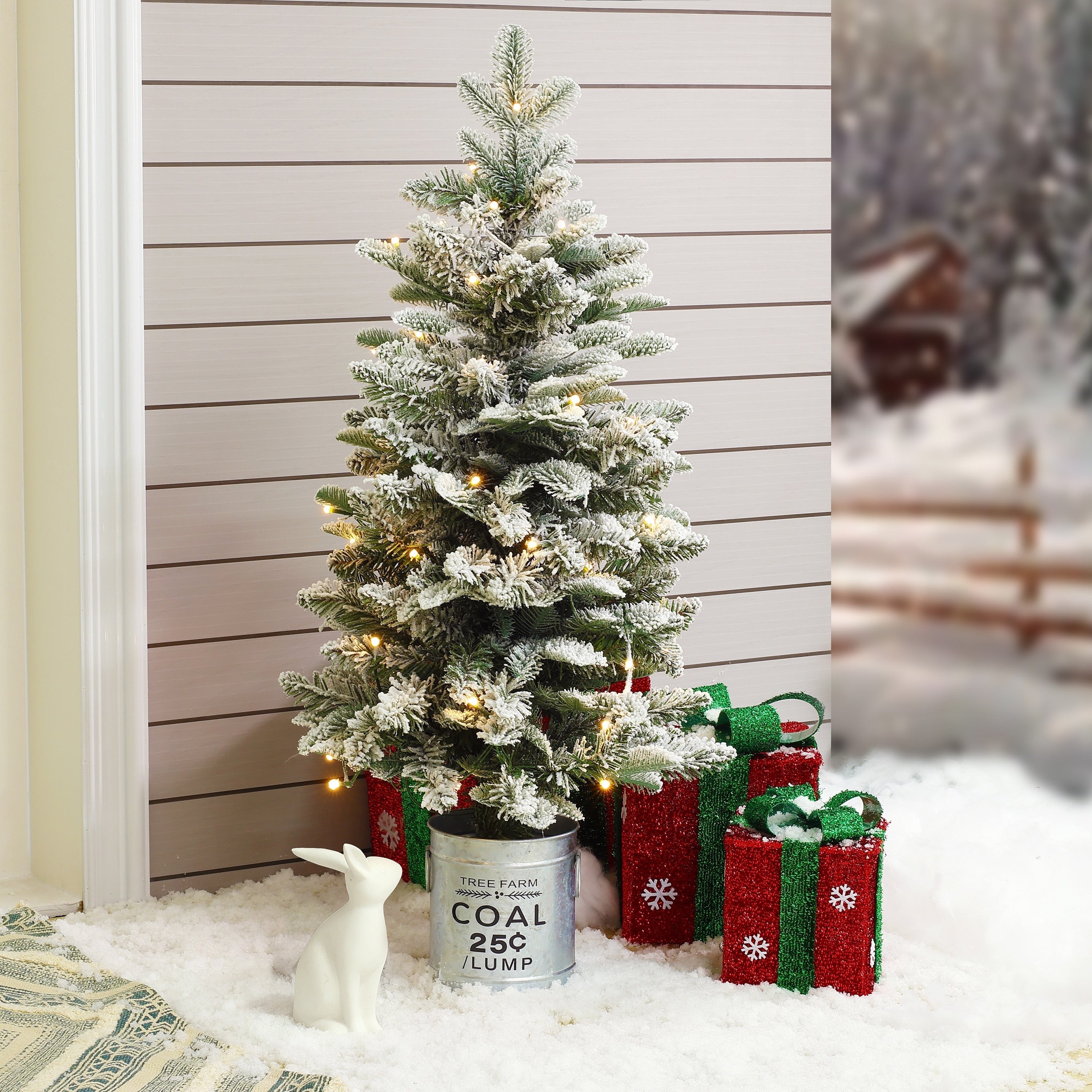 Pre Lit Clear Led 3Ft Porch Artificial Flocked Christmas Tree With Base
