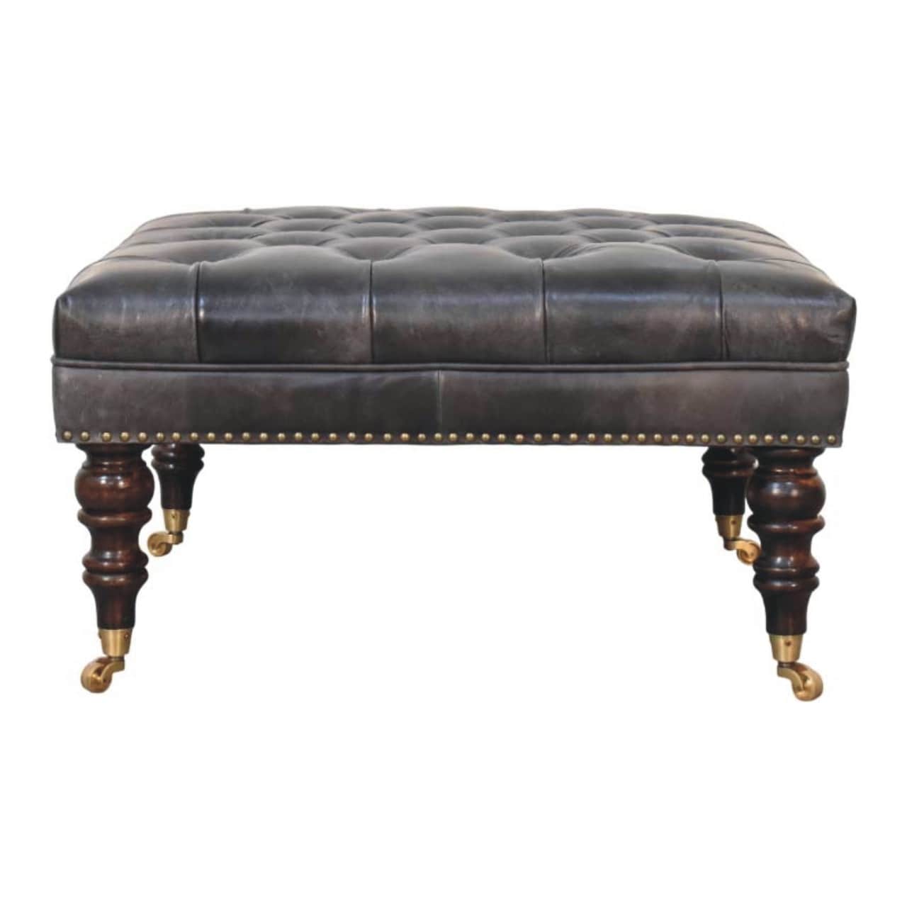 Artisan Furniture Solid Wood Black Leather Upholstered Ottoman