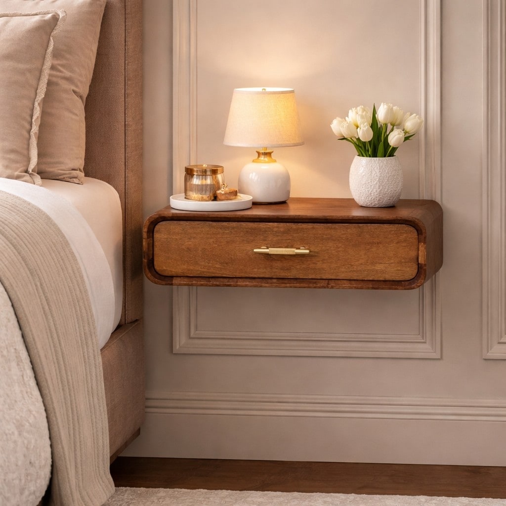 Artisan Furniture Solid Wood Curved Floating Bedside 1 Drawer Brown
