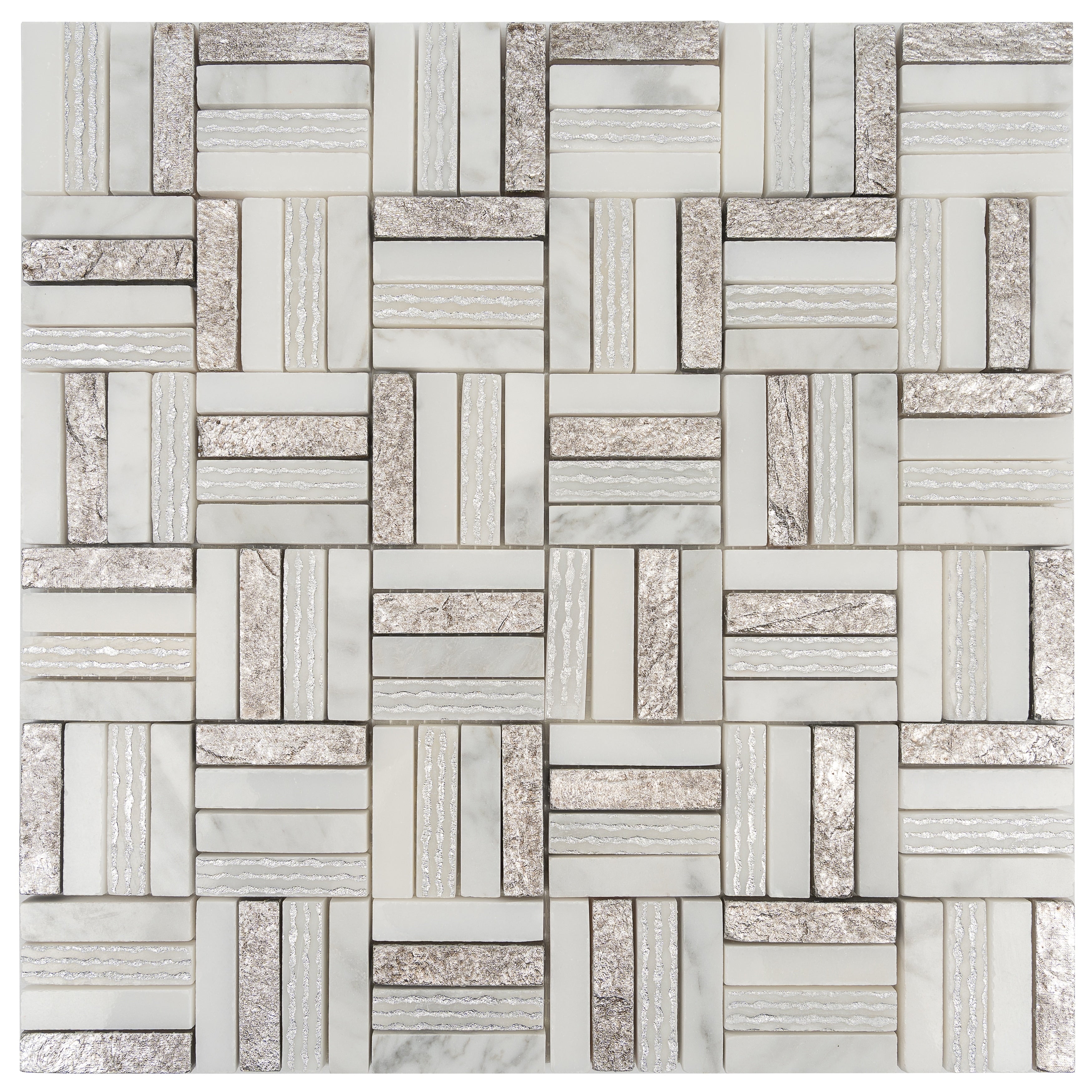 Artisana 12X12 In. Silver White Textured Foiled Stone Block Basketweave Mosaic Wall And Floor Tile 4.83 Sq Ft Case 5 Pack