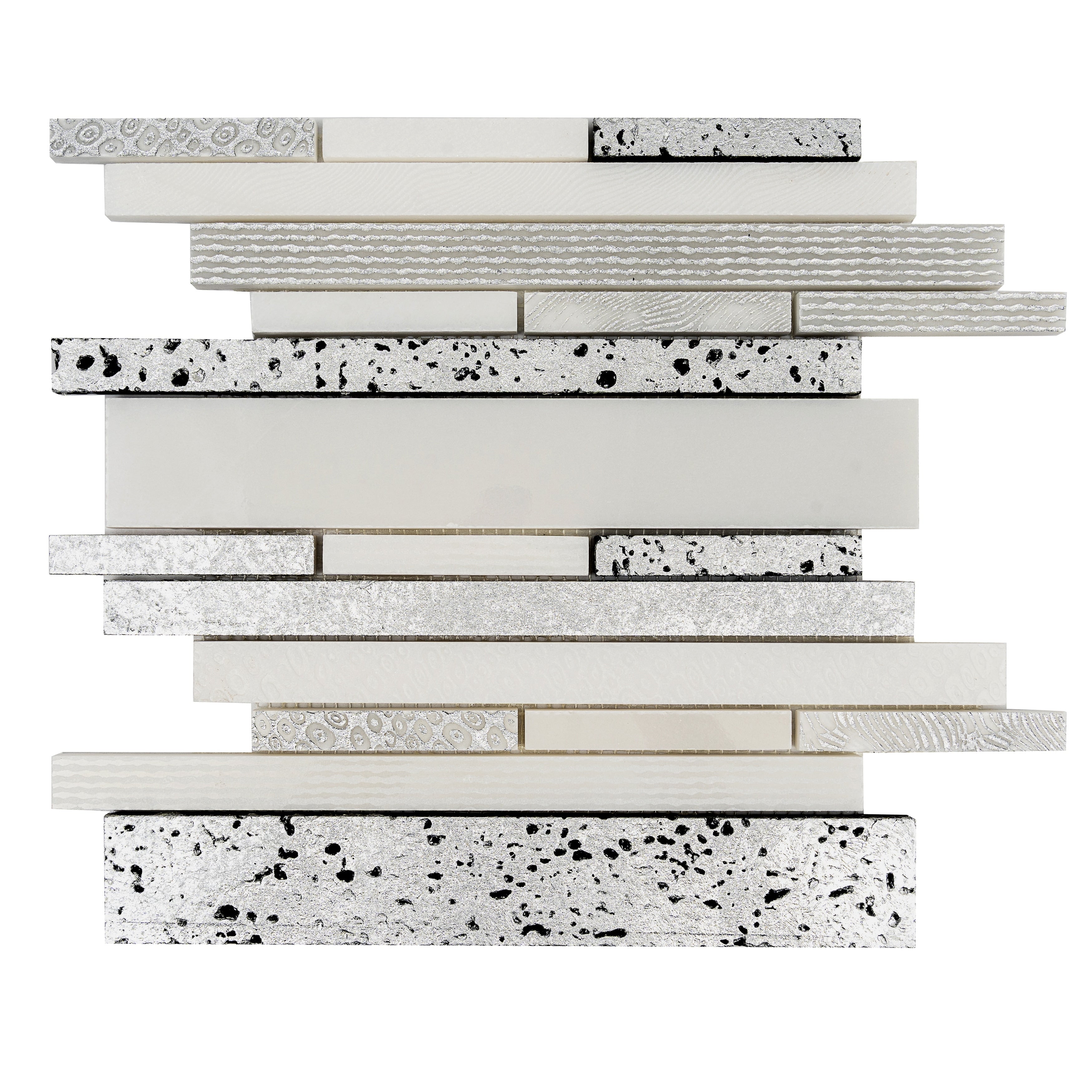 Artisana 12X12 In. White Silver Textured Foiled Stone Linear Stack Mosaic Wall And Floor Tile 4.83 Sq Ft Case 5 Pack