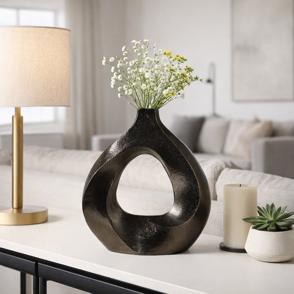 Artistic Metal Swirl Vase With Cut Out Center Sculptural Flower Vase