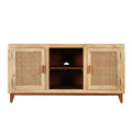 Aru 58 Inch Sideboard Buffet Cabinet 2 Cane Doors N Open Shelves 2 Tone Antique Brown Mango Wood