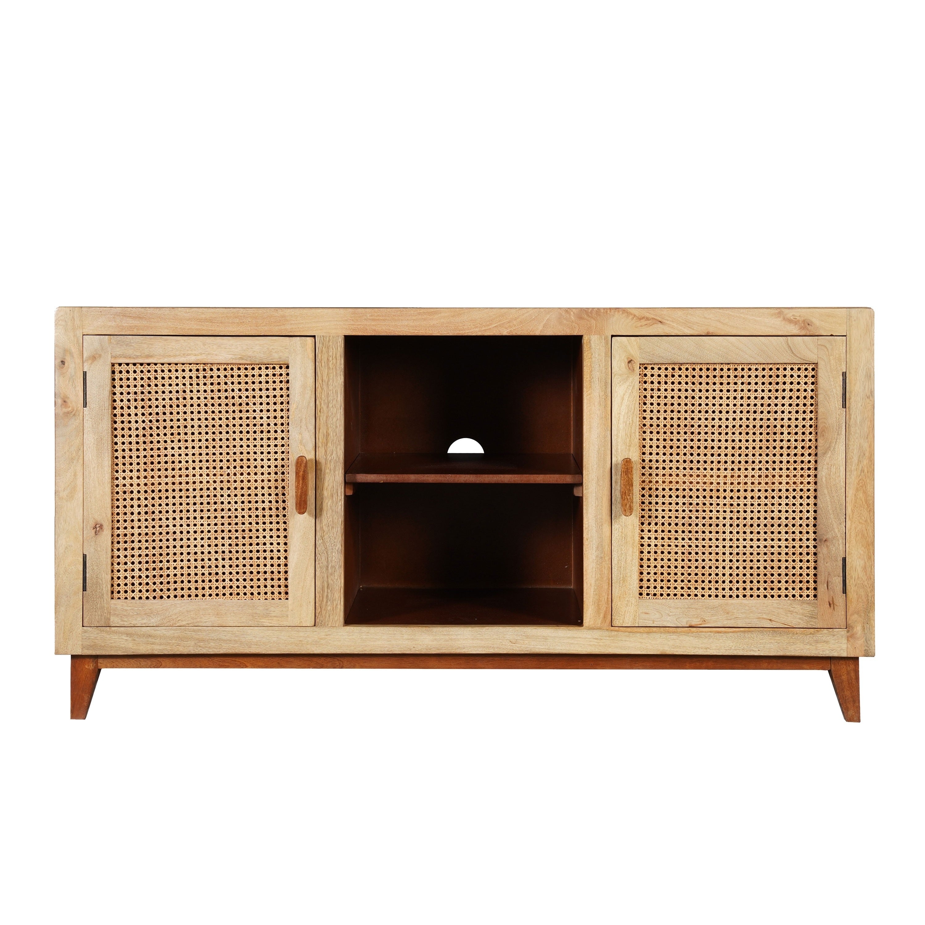 Aru 58 Inch Sideboard Buffet Cabinet 2 Cane Doors N Open Shelves 2 Tone Antique Brown Mango Wood