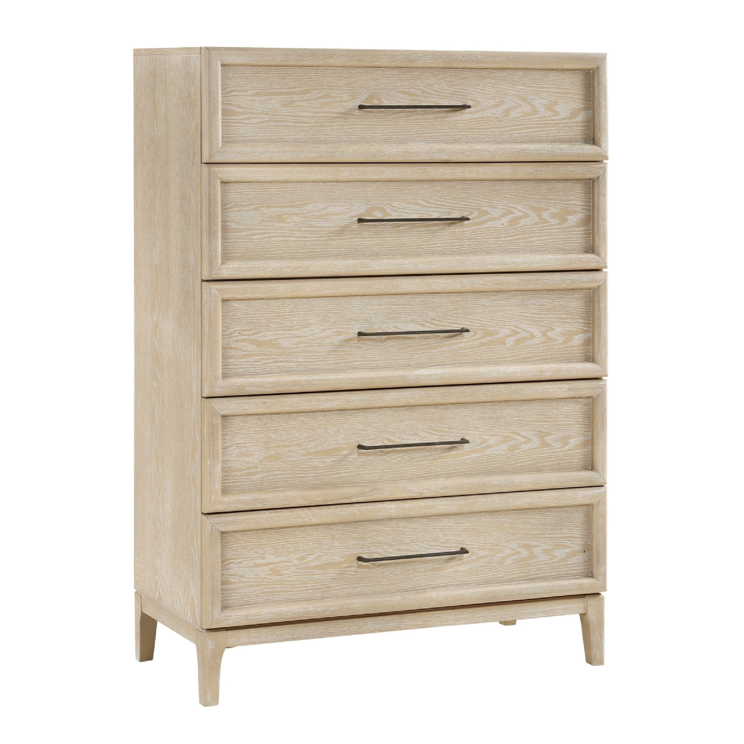 Ary Tall Dresser Chest 5 Drawers Black Bar Pulls Light Brown Oak