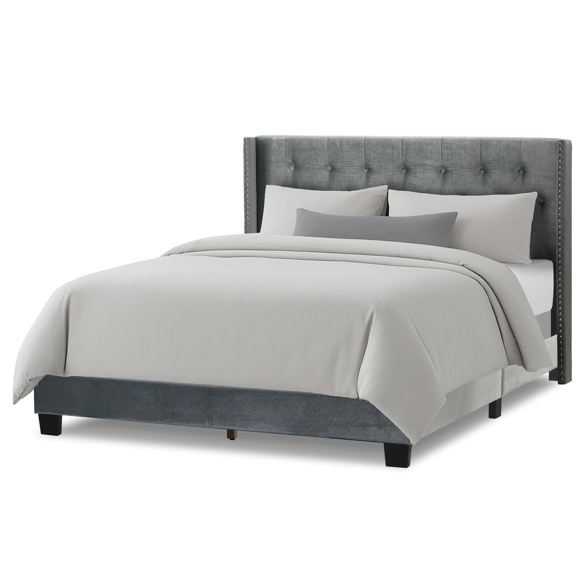 Asali Silver Grey Velvet Queen Bed With Tufting And Nail Headed Wings