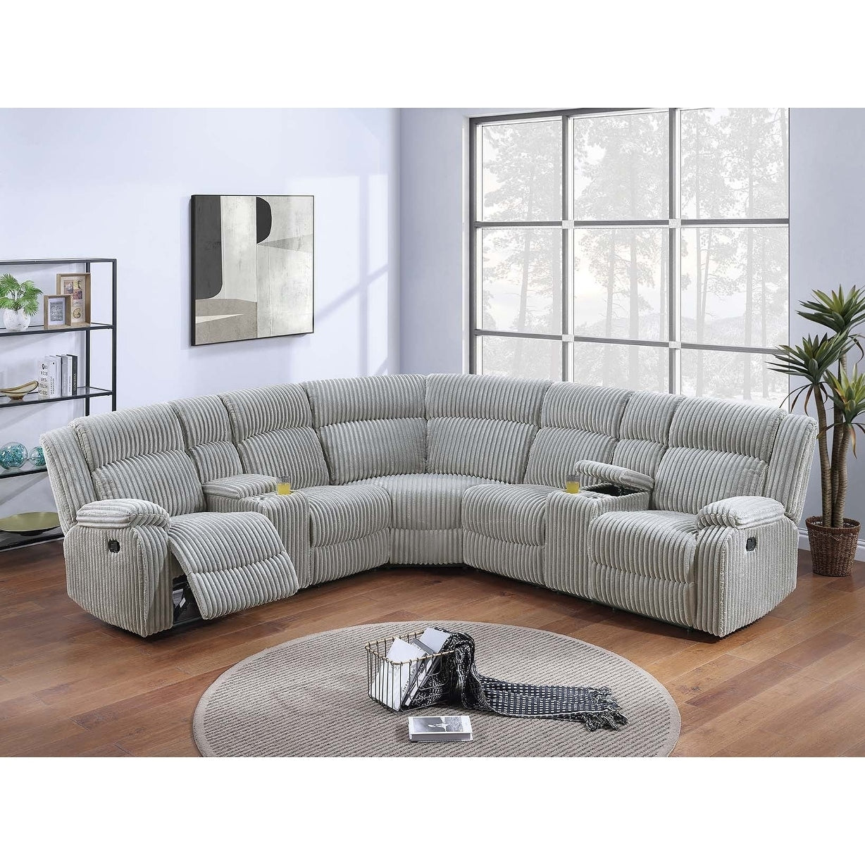 Ash Finish Manual Sectional 3Pc Cup Holder Storage Space Pillow Arms