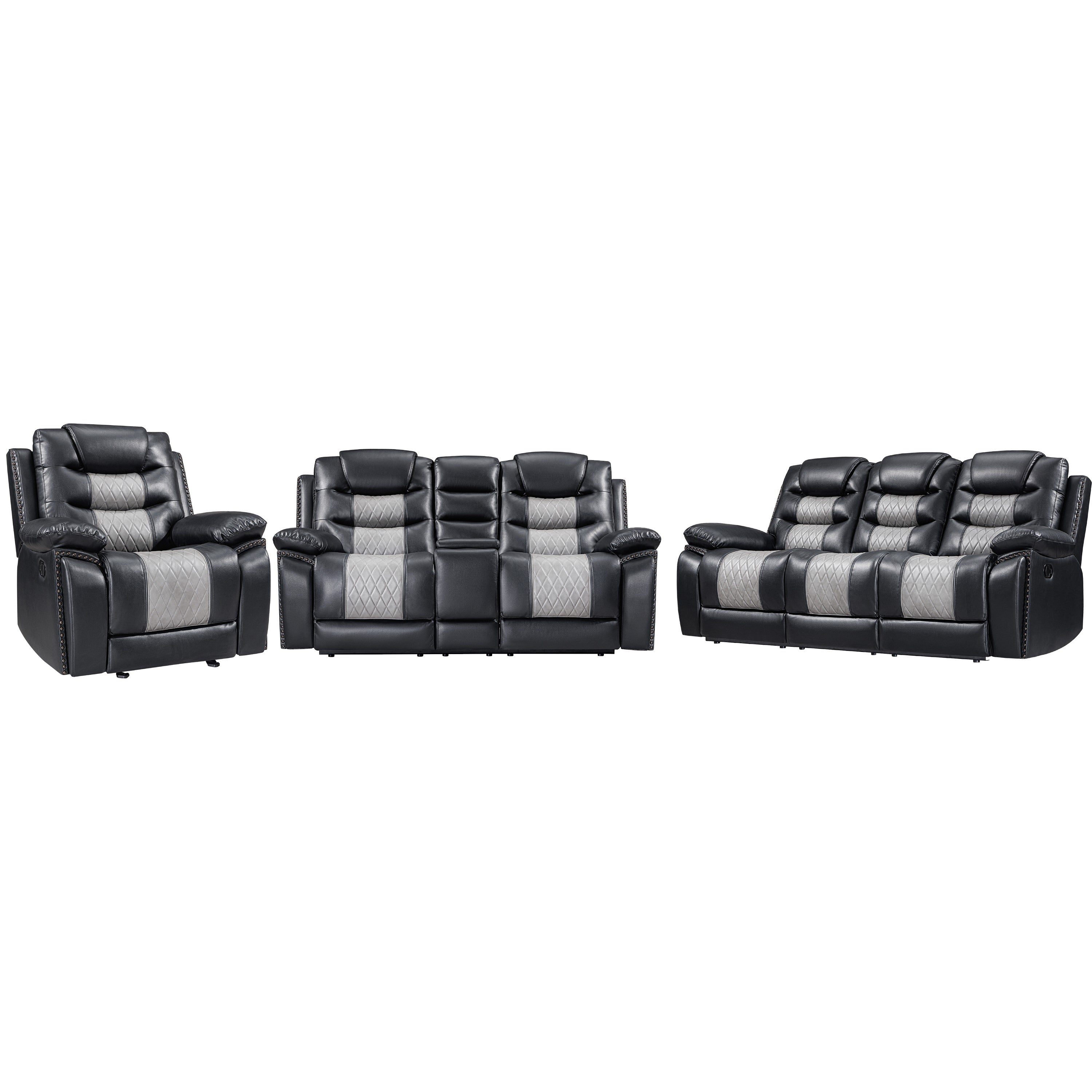 Asher 3Pc Manual Recliner Sofa Loveseat Chair Set Black Gray Faux Leather