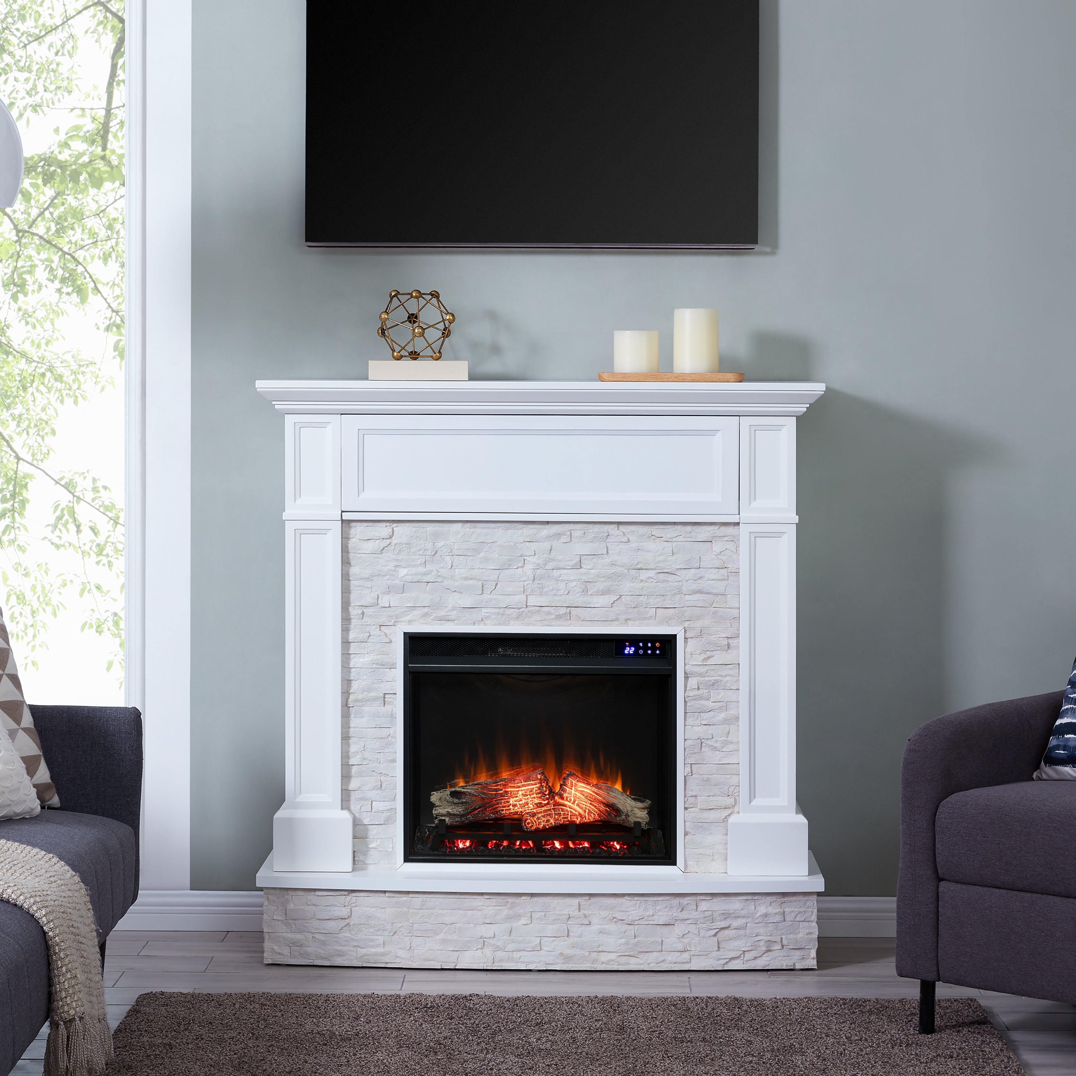 Harper Blvd Ashfield Faux Stone Media Electric Fireplace White With Rustic White