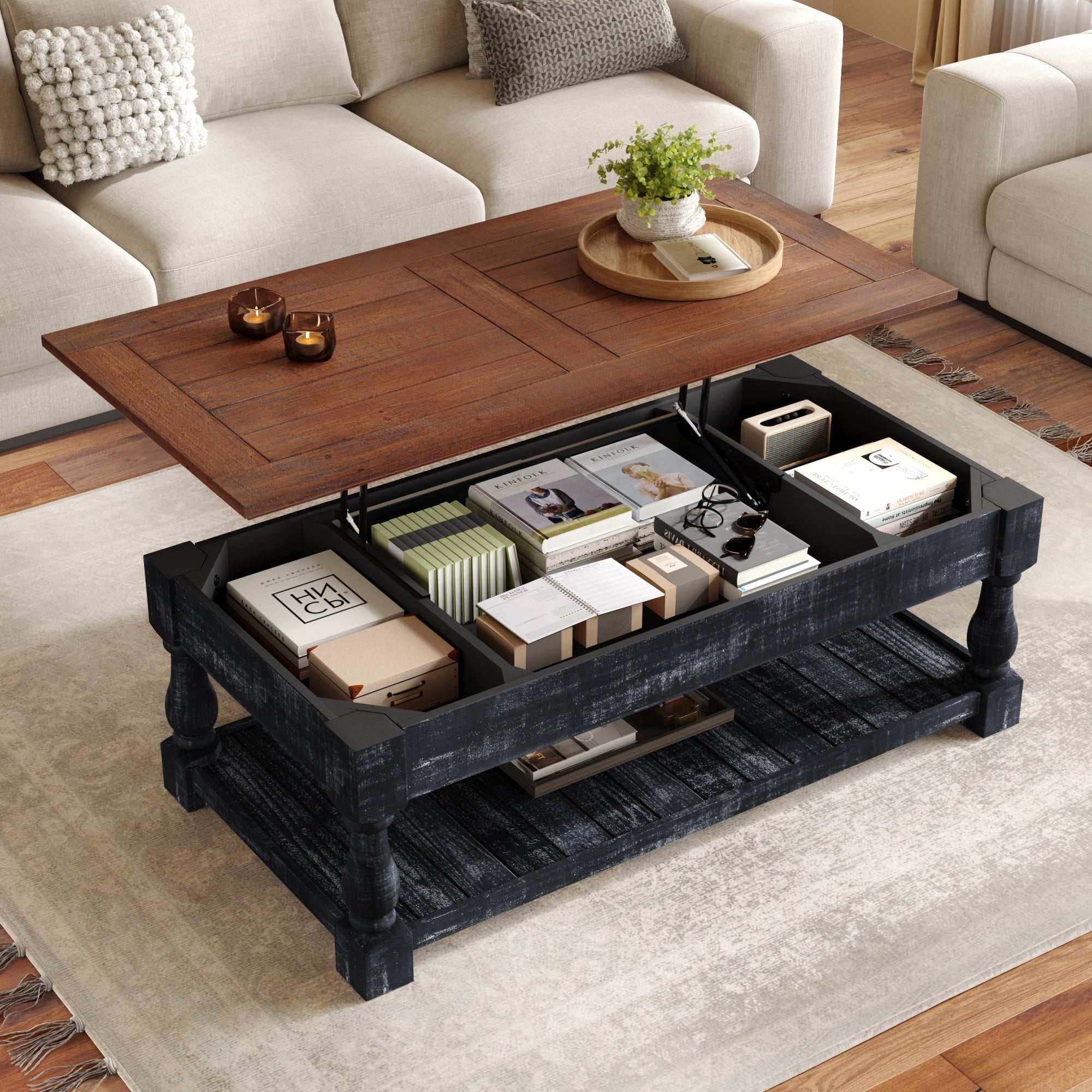Ashford Lift Top Coffee Table Solid Wood Mdf With Hidden Storage And Lower Shelf By Gdfstudio