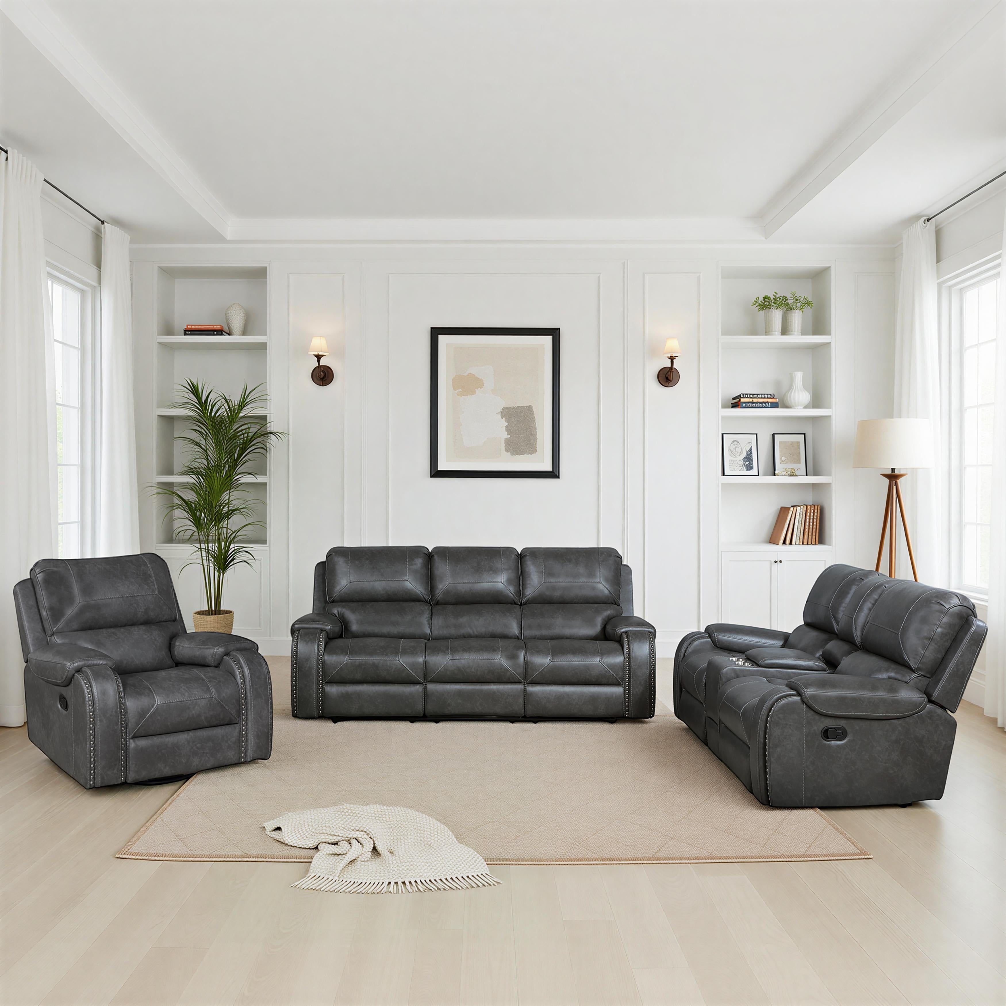 Ashton Faux Leather 3 Piece Manual Reclining Living Room Sofa Set