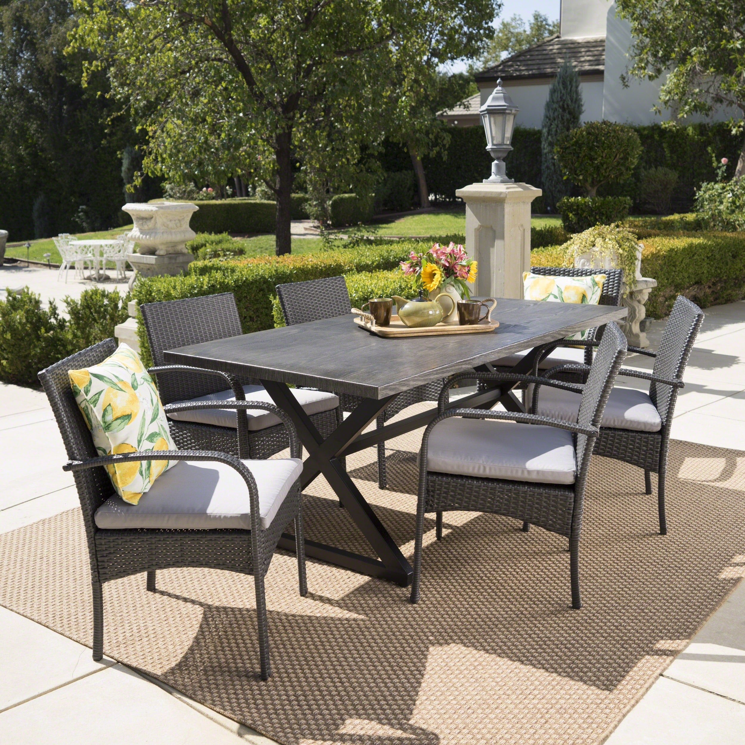 Ashworth Outdoor 7 Piece Rectangular Wicker Aluminum Dining Set With Cushions By Christopher Knight Home