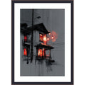 Asian House Red Windows Ink Sketch Red Moon Lanterns By Tradelink Inhouse Artist Wood Framed Wall Art Print