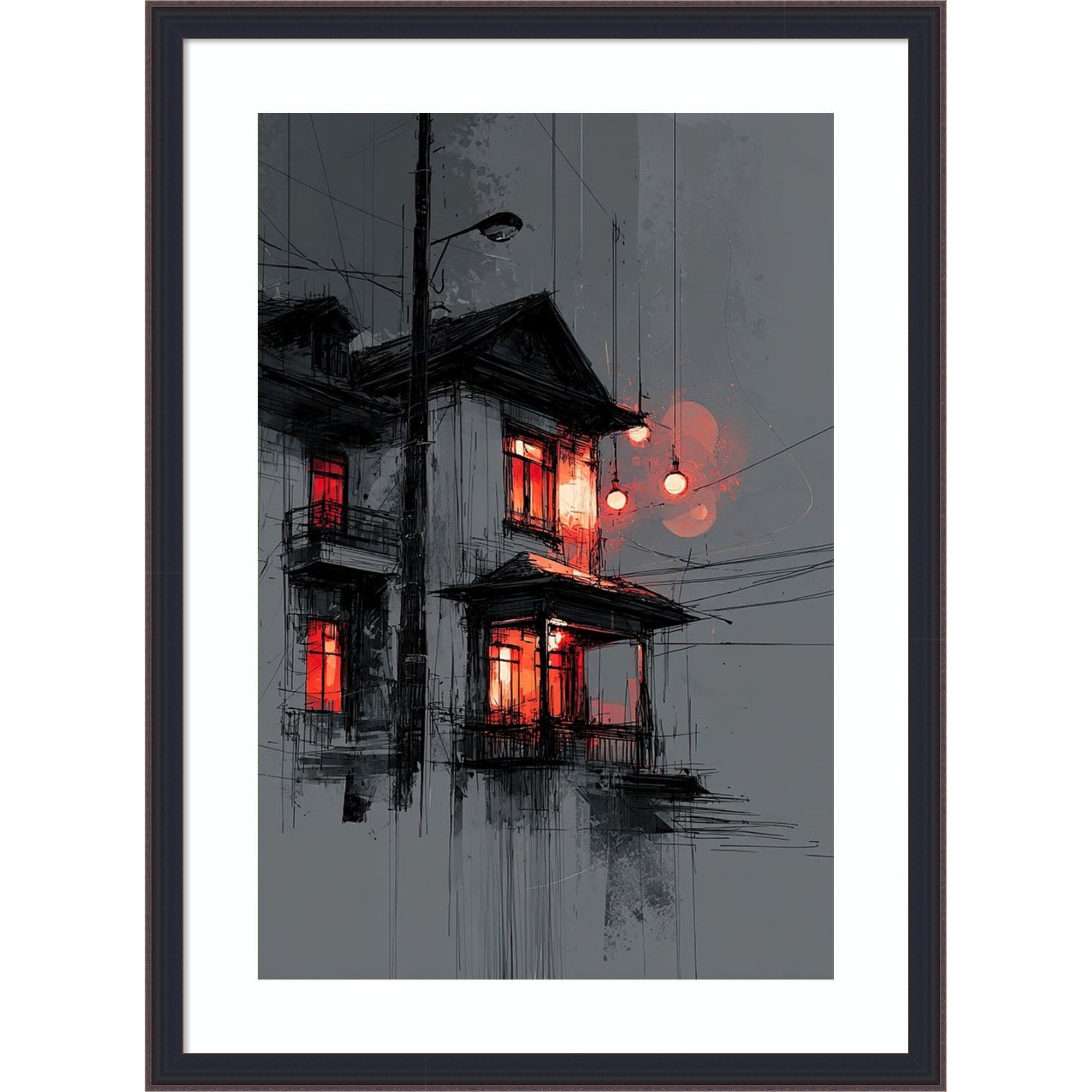 Asian House Red Windows Ink Sketch Red Moon Lanterns By Tradelink Inhouse Artist Wood Framed Wall Art Print