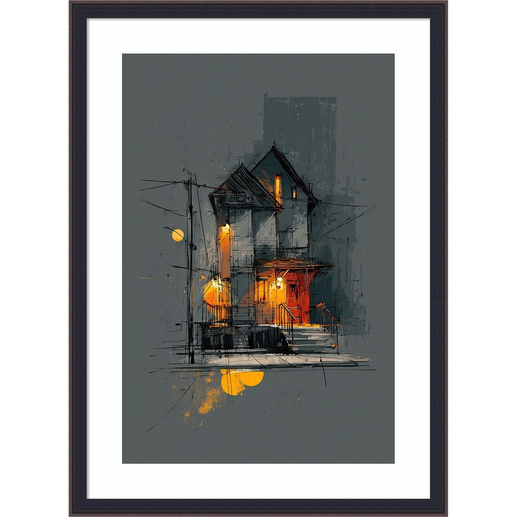 Asian Storefront Orange Lanterns Rainy Night Architecture By Tradelink Inhouse Artist Wood Framed Wall Art Print