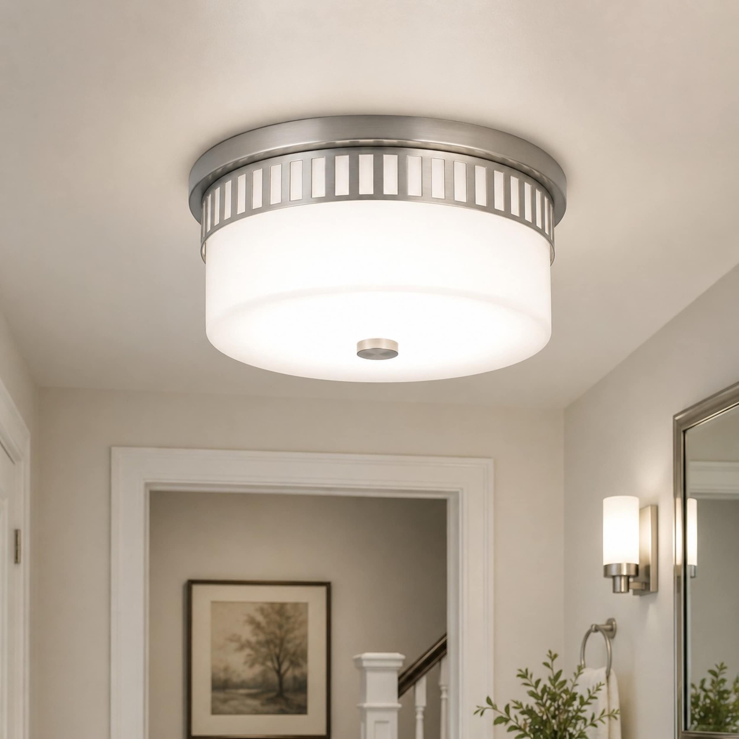 Astor 14In Wide 2 Light Flush Mount Ceiling Light In Brushed Nickel With Opal Glass Modern Indoor Fixture